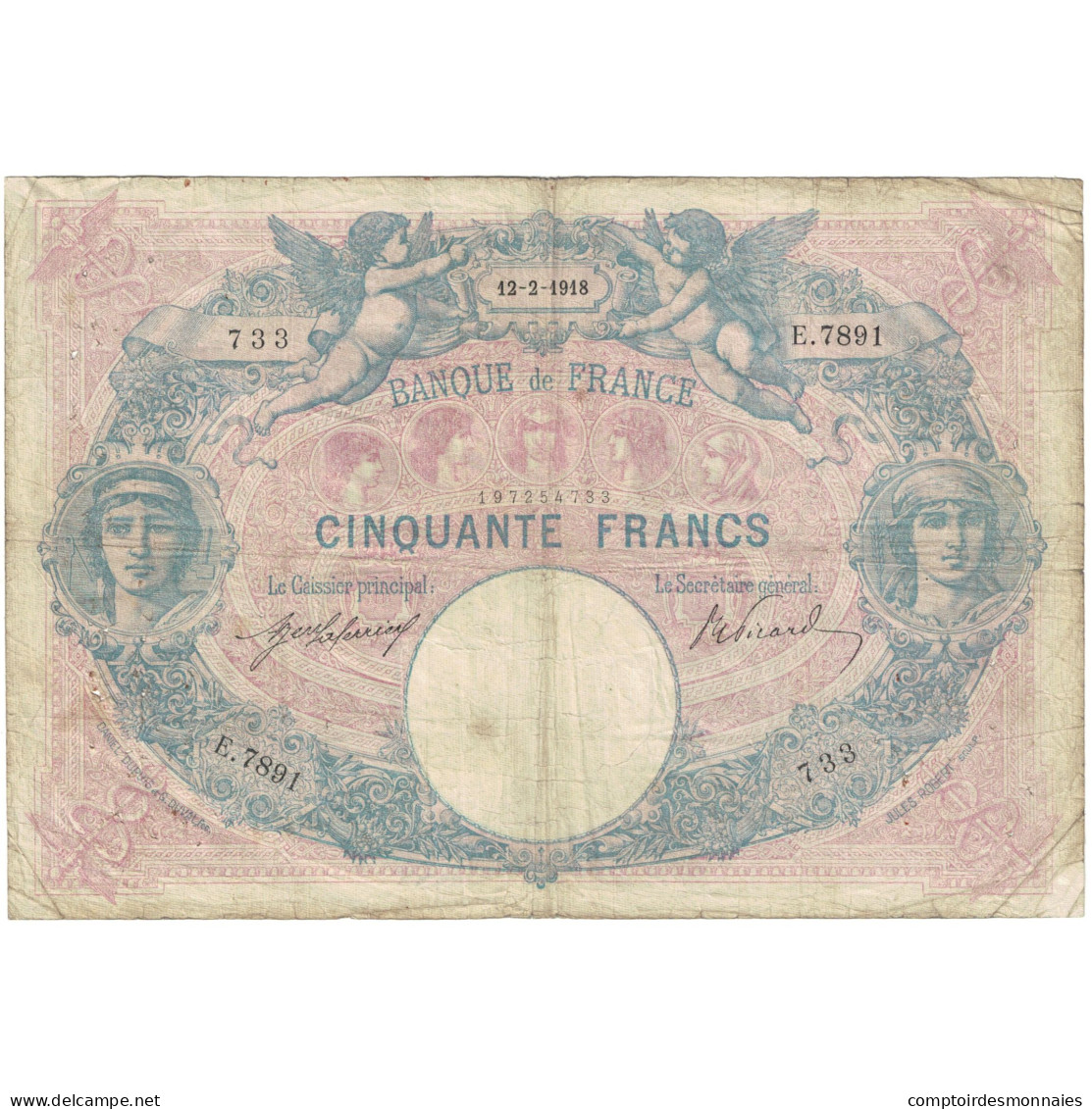 France, 50 Francs, Bleu Et Rose, 1918, E.7891 733, TB, Fayette:14.31, KM:64e - 50 F 1889-1927 ''Bleu Et Rose''