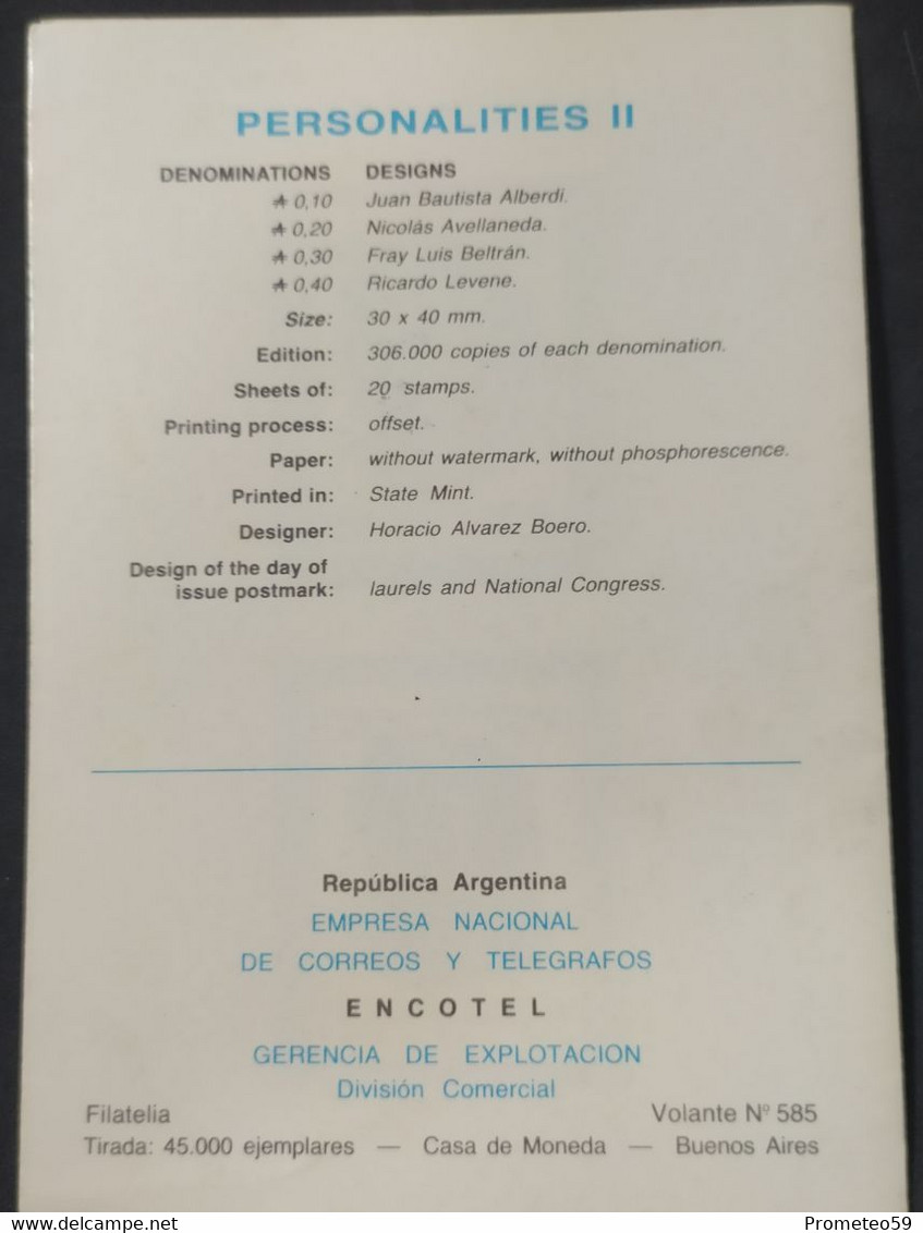 Volante Día De Emisión – Temas: Personalidad II – 5/10/1985 – Argentina - Postzegelboekjes