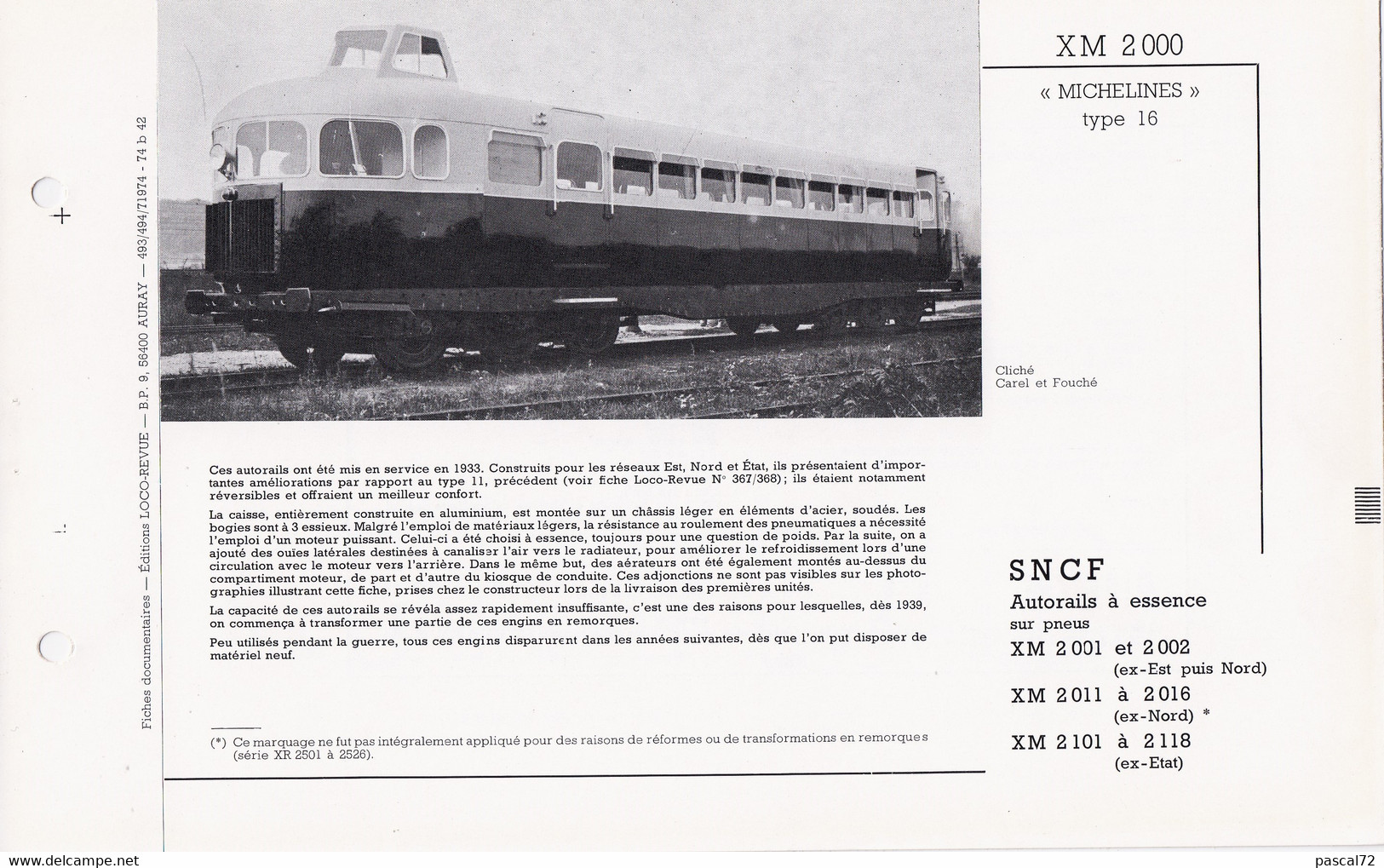 XM 2000 FICHE DOCUMENTAIRE DOUBLE LOCO REVUE N° 493/494 JUILLET 1974 - Français