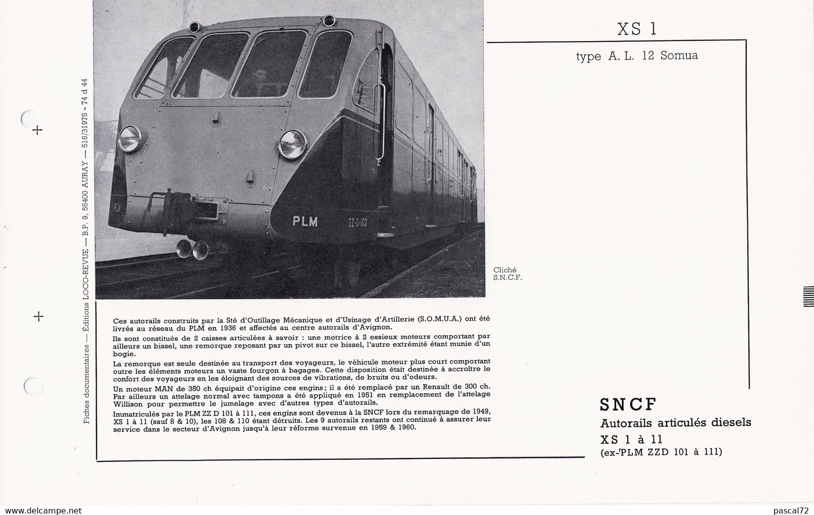 XR 1 à 11 FICHE DOCUMENTAIRE LOCO REVUE N° 516 MARS 1975 - Français