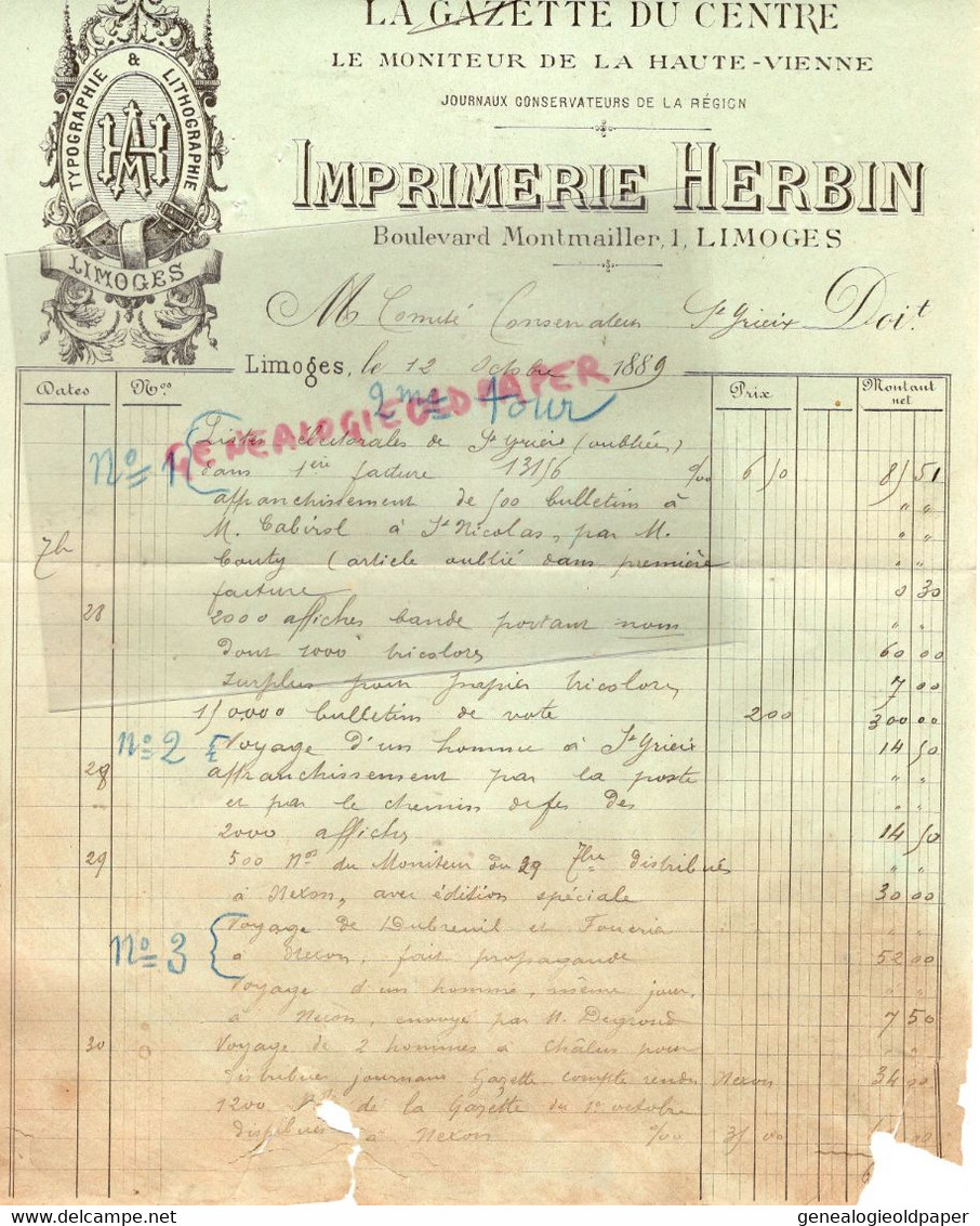 87- LIMOGES- RARE FACTURE IMPRIMERIE HERBIN -LA GAZETTE DU CENTRE MONITEUR HAUTE VIENNE-1 BOULEVARD MONTMAILLER 1889 - Imprimerie & Papeterie