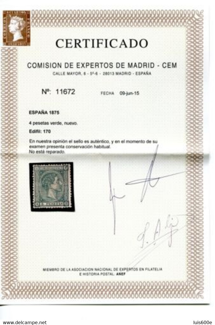 1875.ESPAÑA.EDIFIL 170*.NUEVO CON FIJASELLOS(MH).CERTIFICADO CEM.PRECIOSOS.CATALOGO 900€ - Neufs