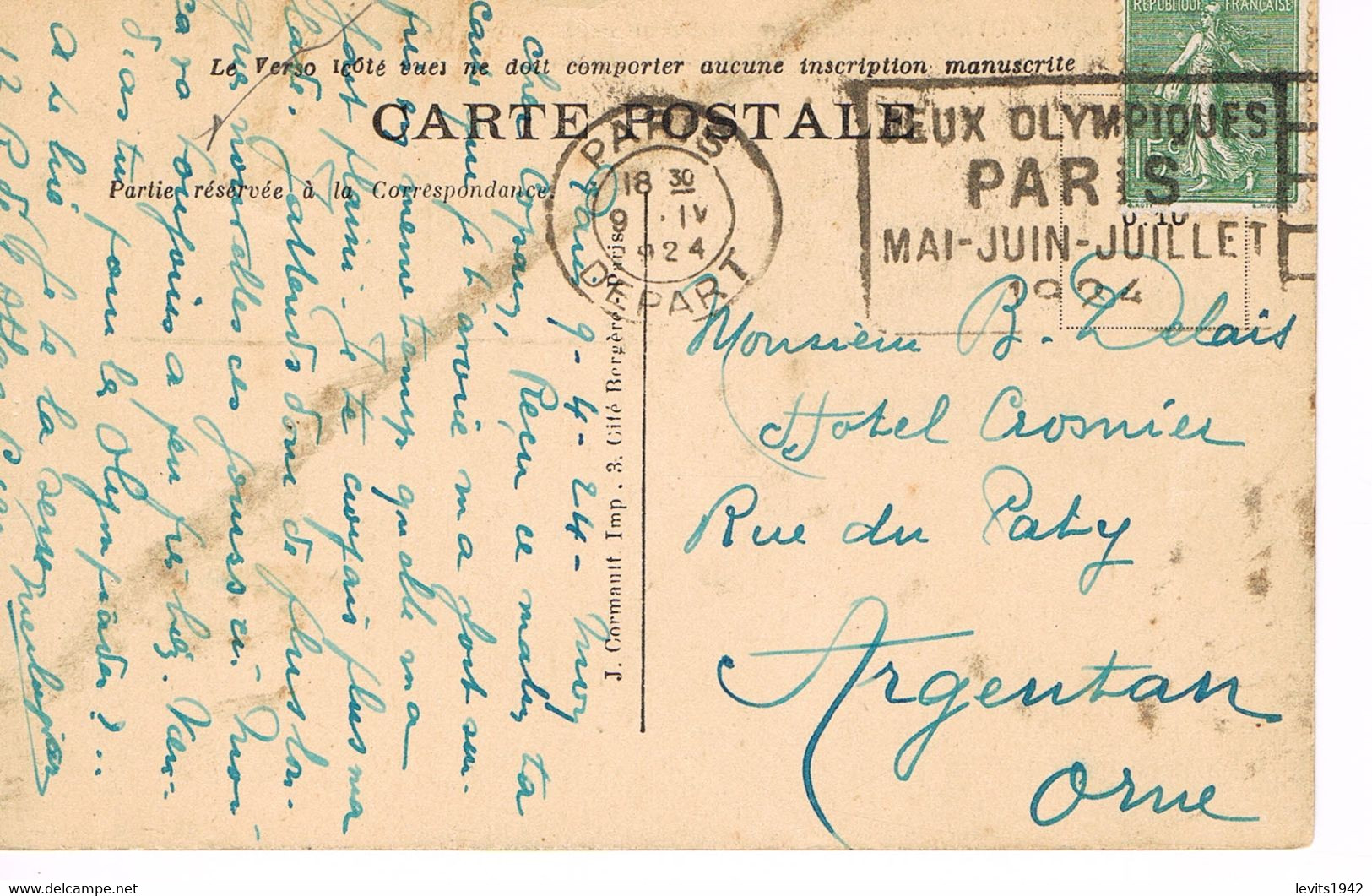 MARQUE POSTALE -  JEUX OLYMPIQUES 1924 - PARIS DEPART - 09-04-1924 - - Ete 1924: Paris