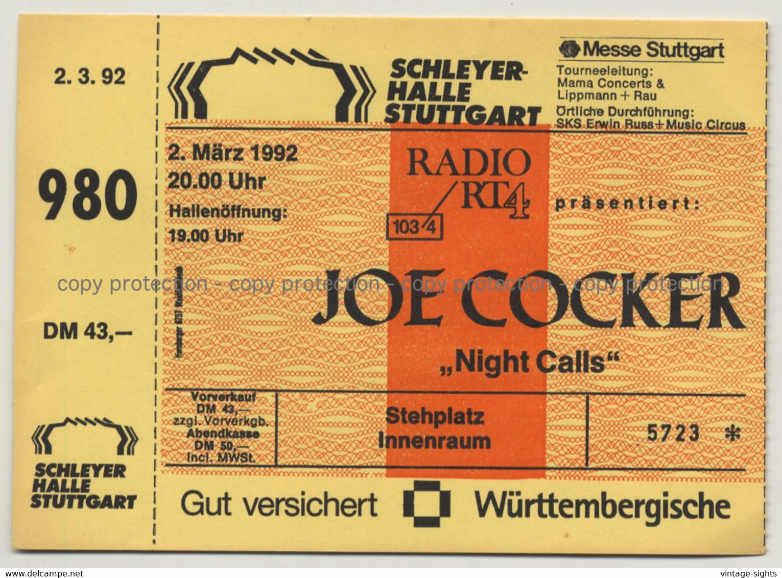 Joe Cocker - Night Calls Tour '92 Ticket N° 5723 Stuttgart - Unused (Vintage Memorabilia) - Entradas A Conciertos