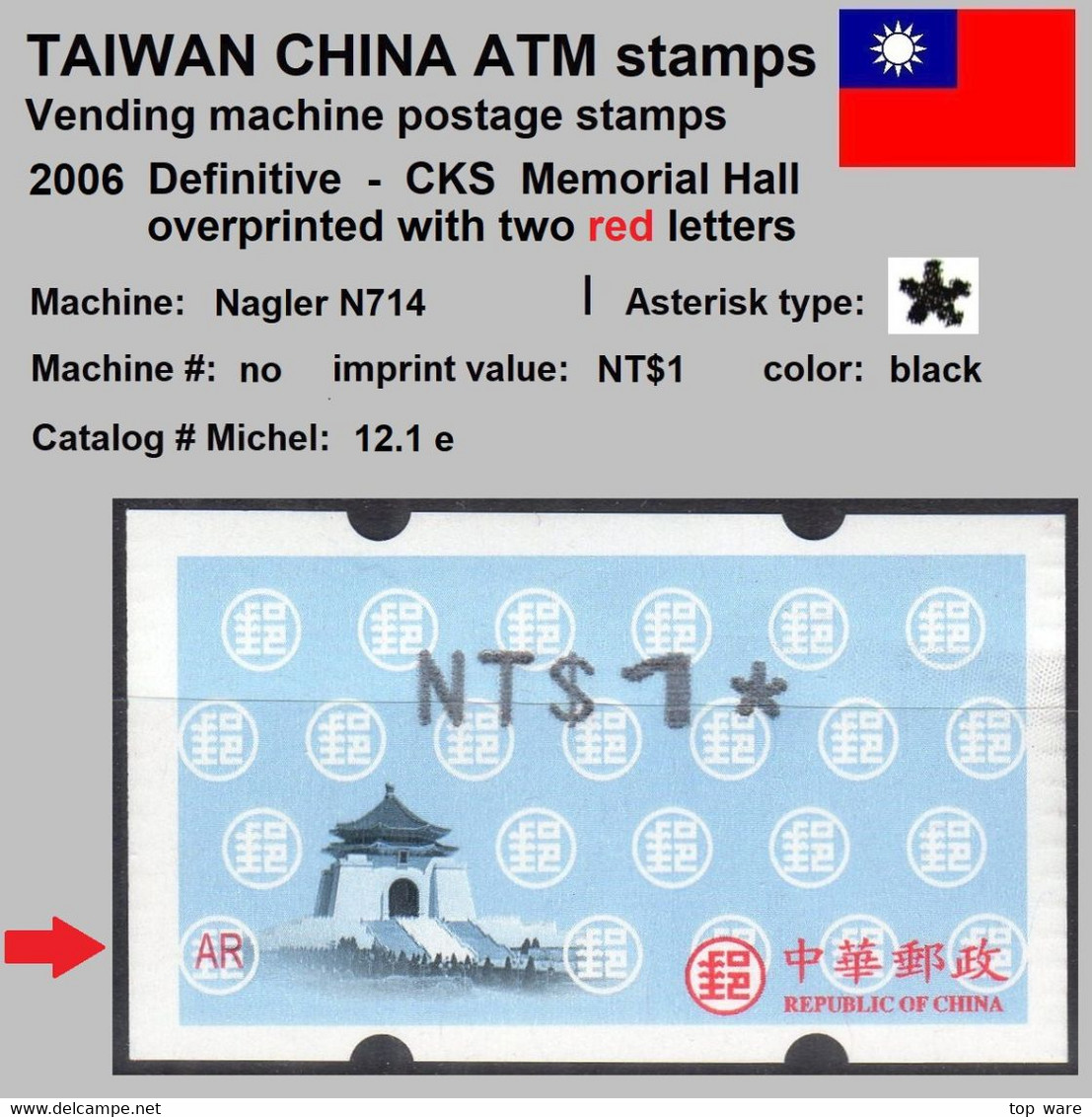 2006 Automatenmarken China Taiwan CKS + Two Red Letters MiNr.12.1 Black ATM NT$1 MNH Nagler Kiosk Etiquetas - Automatenmarken