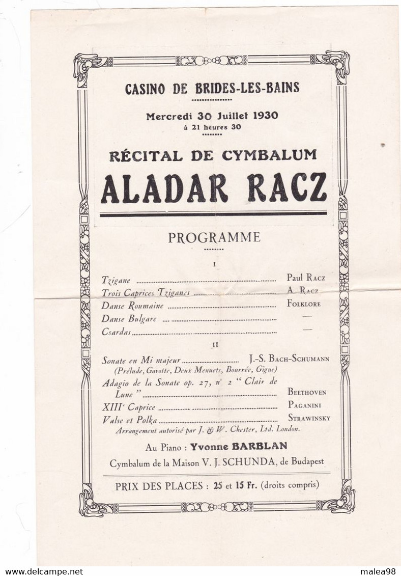 MUSIQUE,, RECITAL DE CYMBALUM  ALADAR  RACZ   AU  CASINO DE BRIDES LES BAINS   30/07/1930 - Plakate & Poster