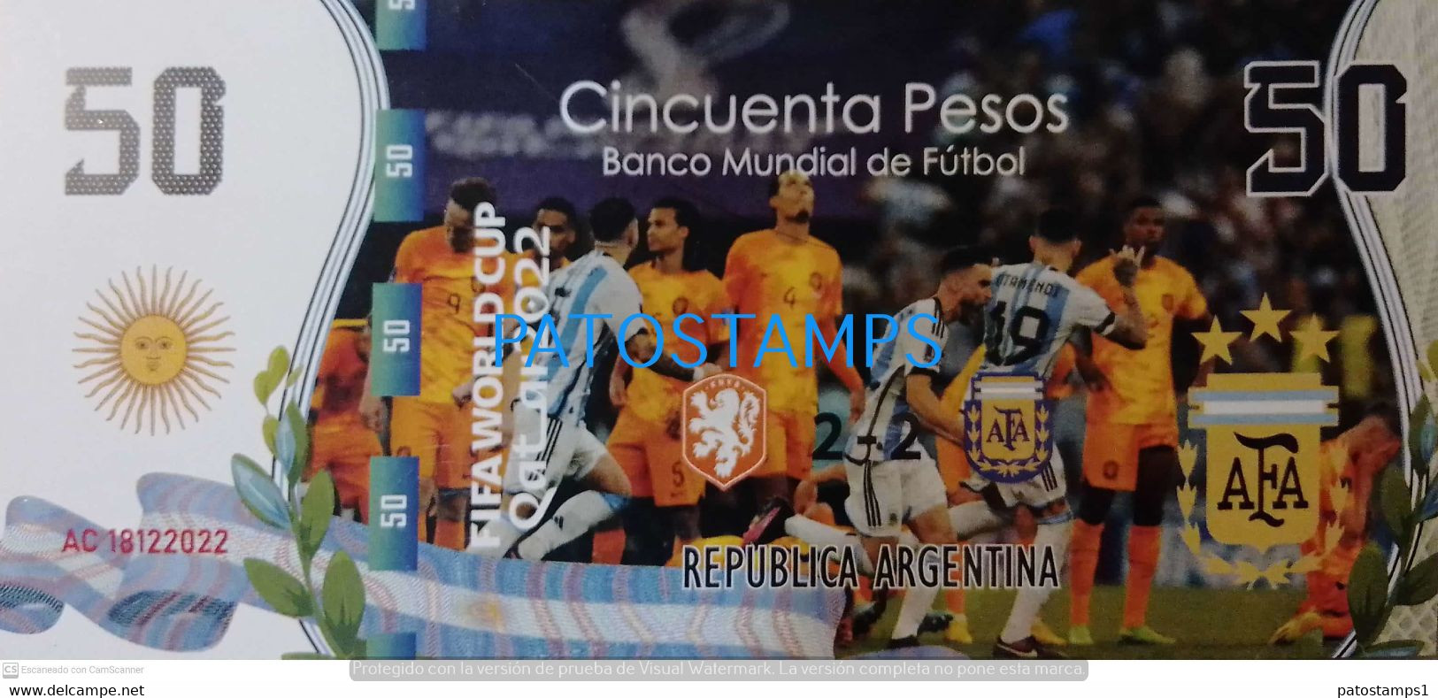 199413 ARGENTINA PAISES BAJOS BILLETE FANTASY TICKET 50 BANK SOCCER FUTBOL FIFA WORLD CUP 2022 QATAR EL DIBU NO POSTCARD - Kilowaar - Bankbiljetten