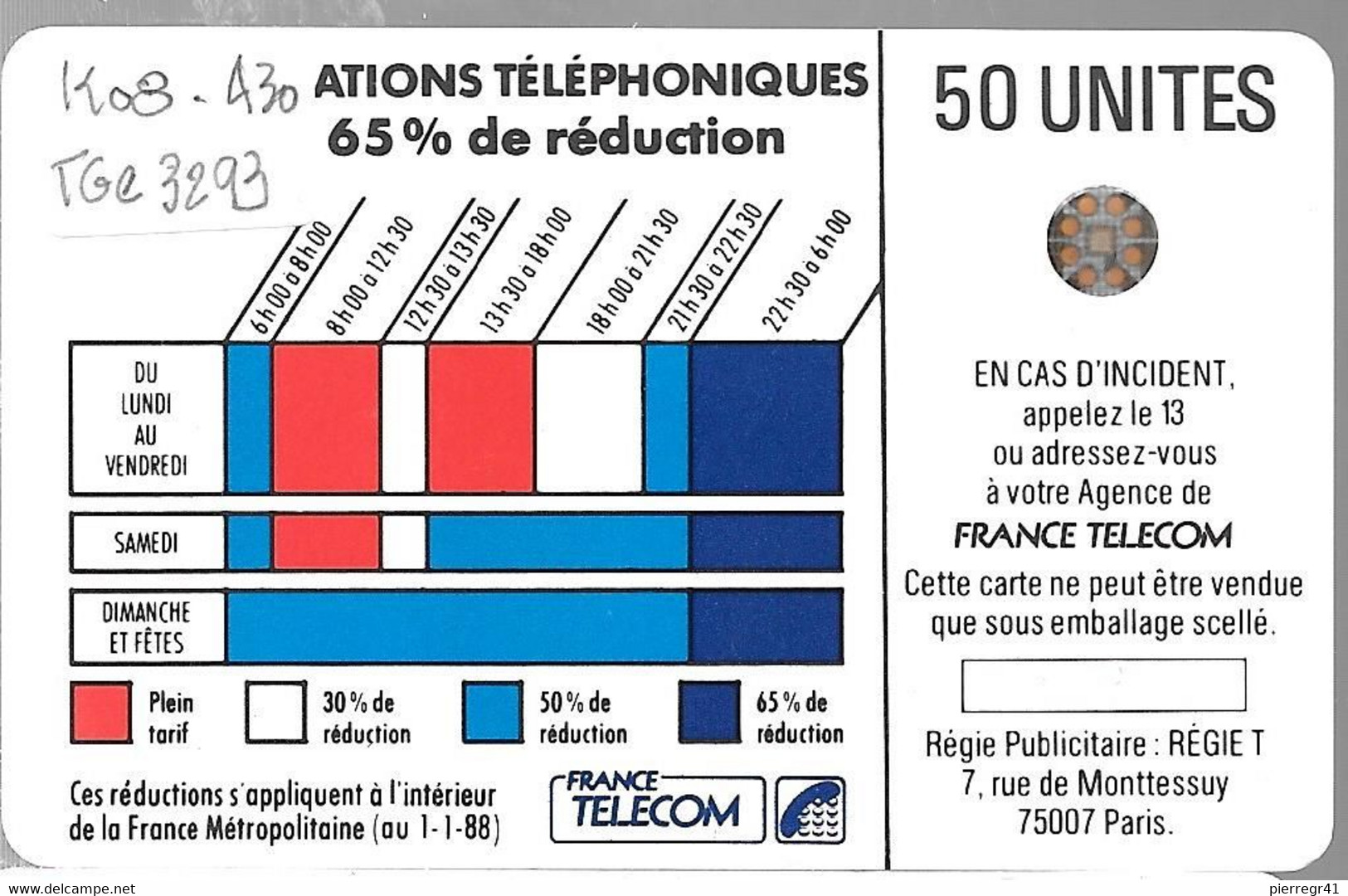 CARTE-PUBLIC-Ko08.430-50U-SC4On- R° Mat -Puce 7-CORDON BLEU-4 TGE 3293-Utilisé-TBE/RARE - Cordons'