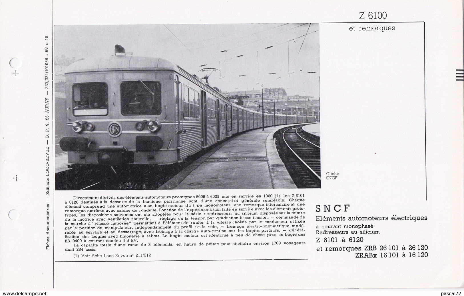 Z 6100 FICHE DOCUMENTAIRE DOUBLE LOCO REVUE N° 223/224 OCTOBRE 1968 - Français