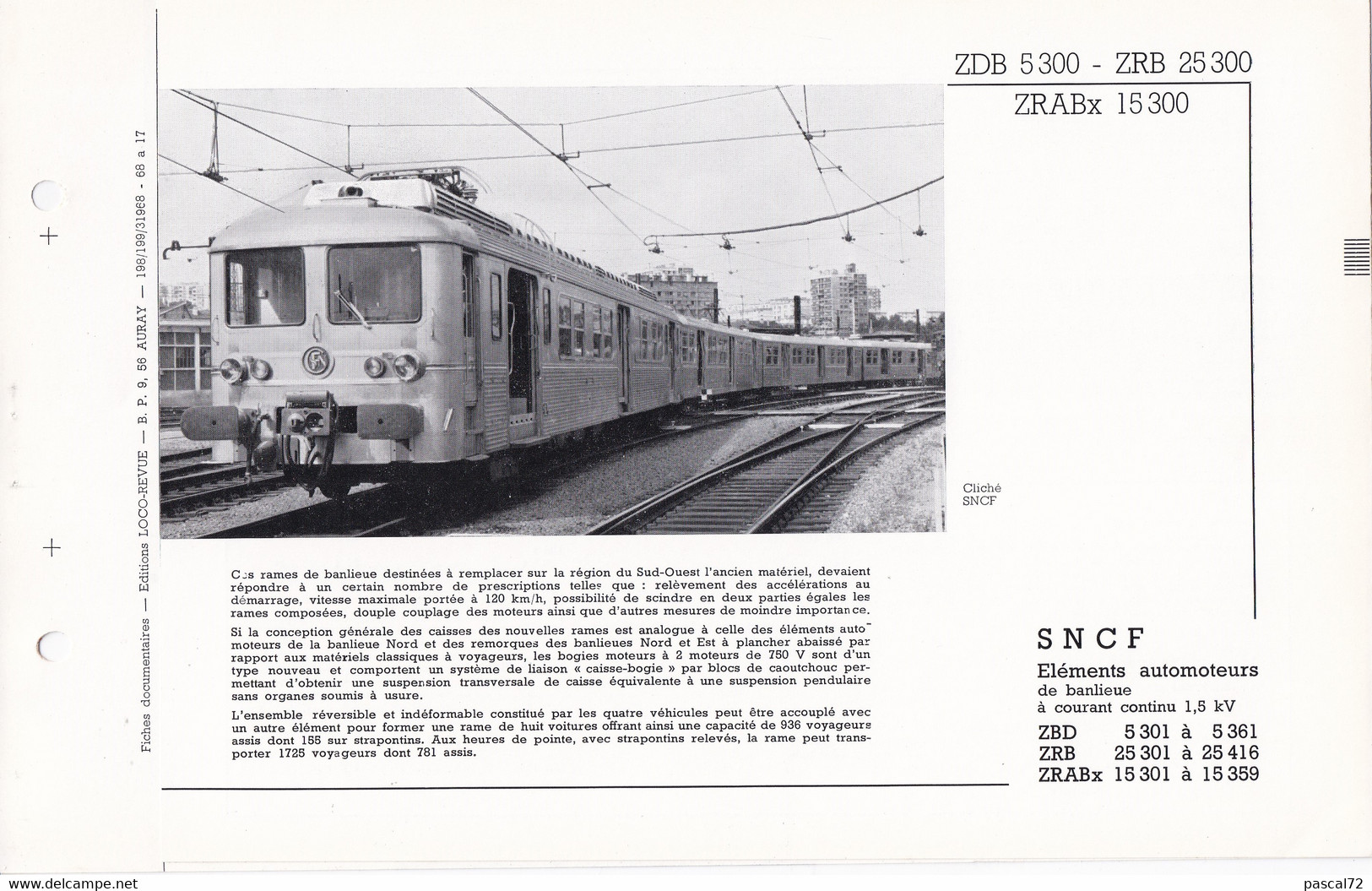 ZDB 5300 ZRB 25300 ZRABx 15300 FICHE DOCUMENTAIRE DOUBLE LOCO REVUE N° 198/199 MARS 1968 - Français