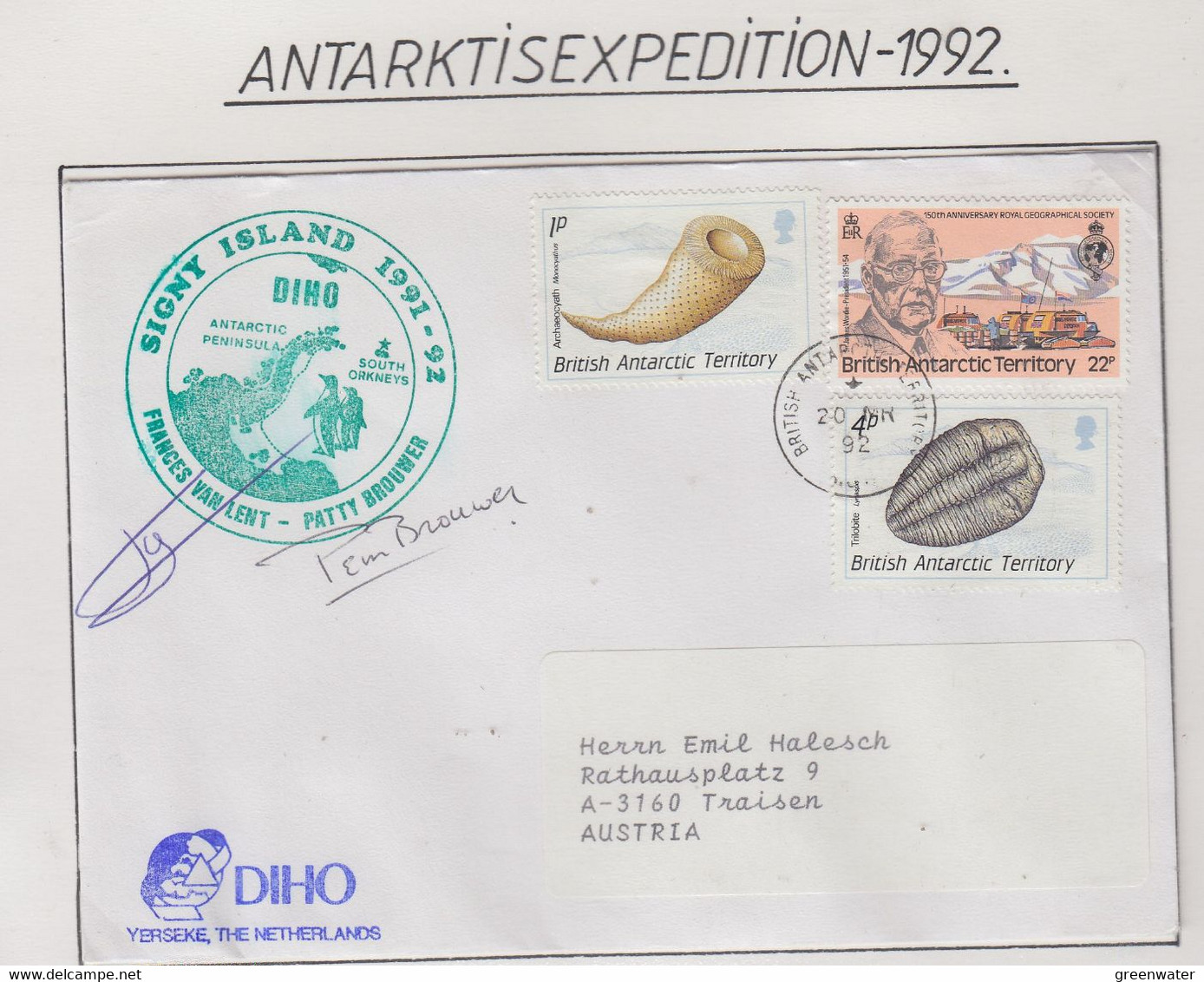 British Antarctic Terr. (BAT)cover Signy INetherlands Ant. Progr. Diho Yerseke 2 Signatures Ca Signy 28  MR 1992 (NL204) - Briefe U. Dokumente