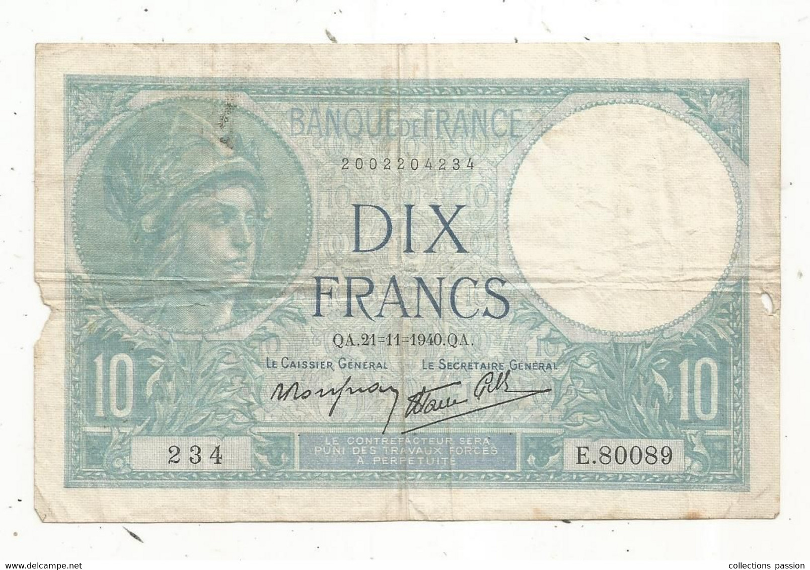 JC, billet ,France , 10, dix francs , MINERVE, 21-11-1940, 2 scans