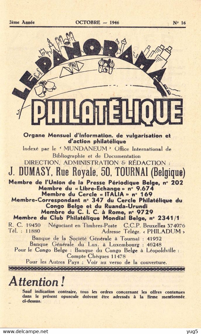 L'Essor Philatélique /Le Panorama Philatélique (Tournai) N° 16  Octobre 1946 - Francesi (dal 1941))