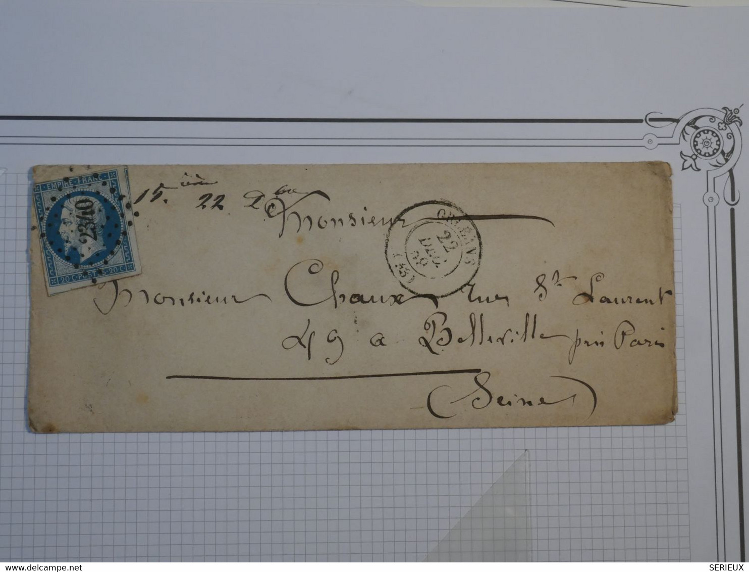 BM2 FRANCE  LETTRE 1859  ORLEANS A BELLEVILLE  +NAPOLEON N°14   +AFFRANCH. INTERESSANT+++ - 1853-1860 Napoleone III