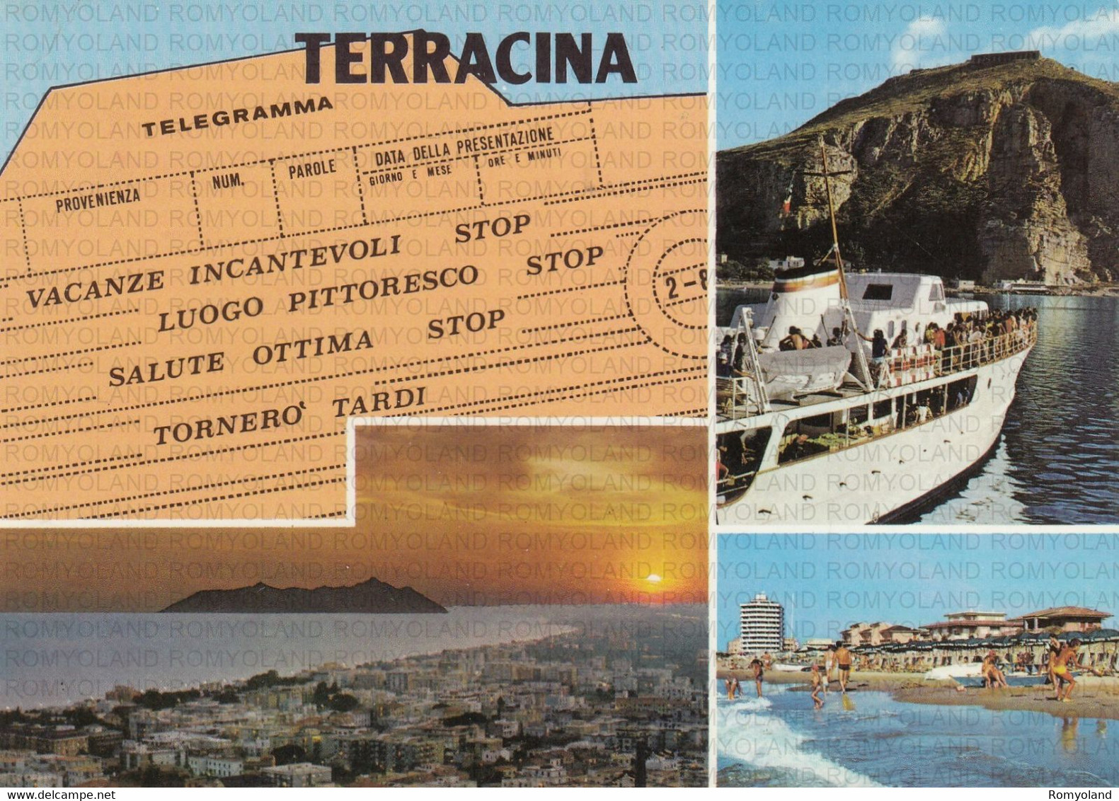 CARTOLINA  TERRACINA,LATINA,LAZIO,MARE,SOLE,ESTATE,VACANZA,ESTATE,SPIAGGIA,LUNGOMARE,BARCHE A VELA,VIAGGIATA 1986 - Latina