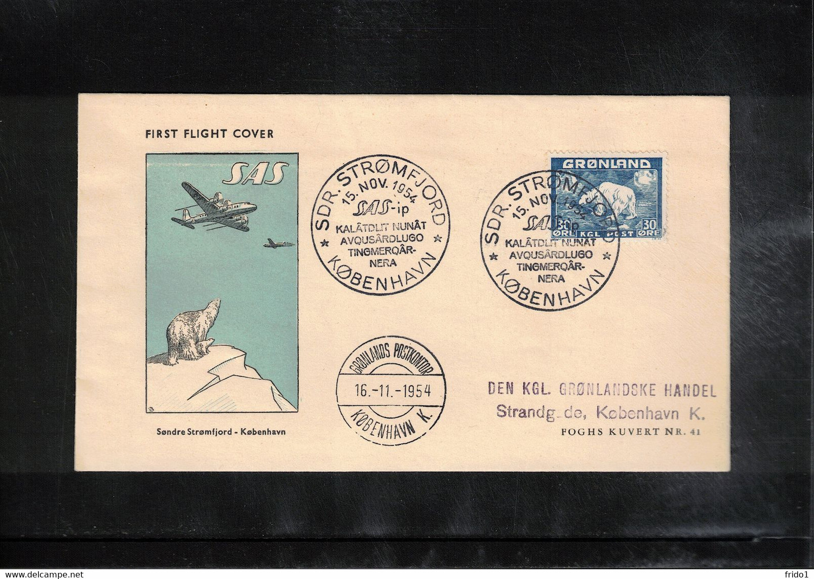 Greenland / Groenland 1954 SAS First Flight Sdr. Strömfjord - Copenhagen 15-11-1954 - Storia Postale