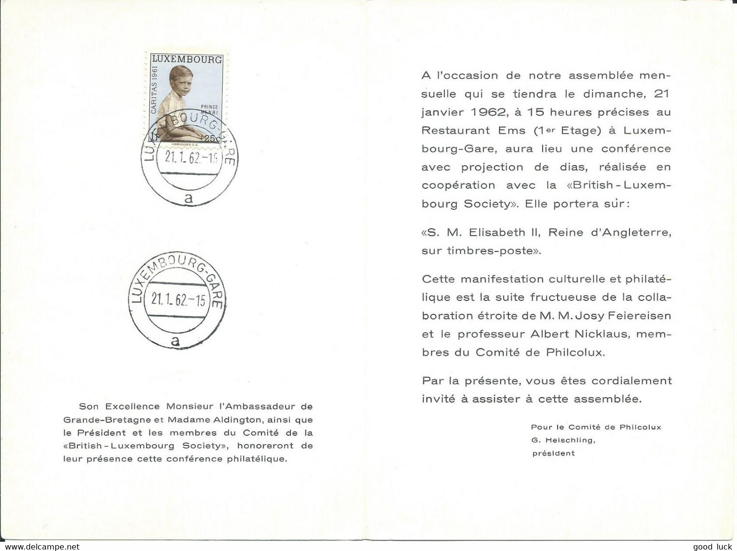 LUXEMBOURG INVITATION A PHILCOLUX 1962 " AMBASSADE GB ET BRITISH-LUXEMBOURG SOCIETY " LETTRE COVER - Covers & Documents