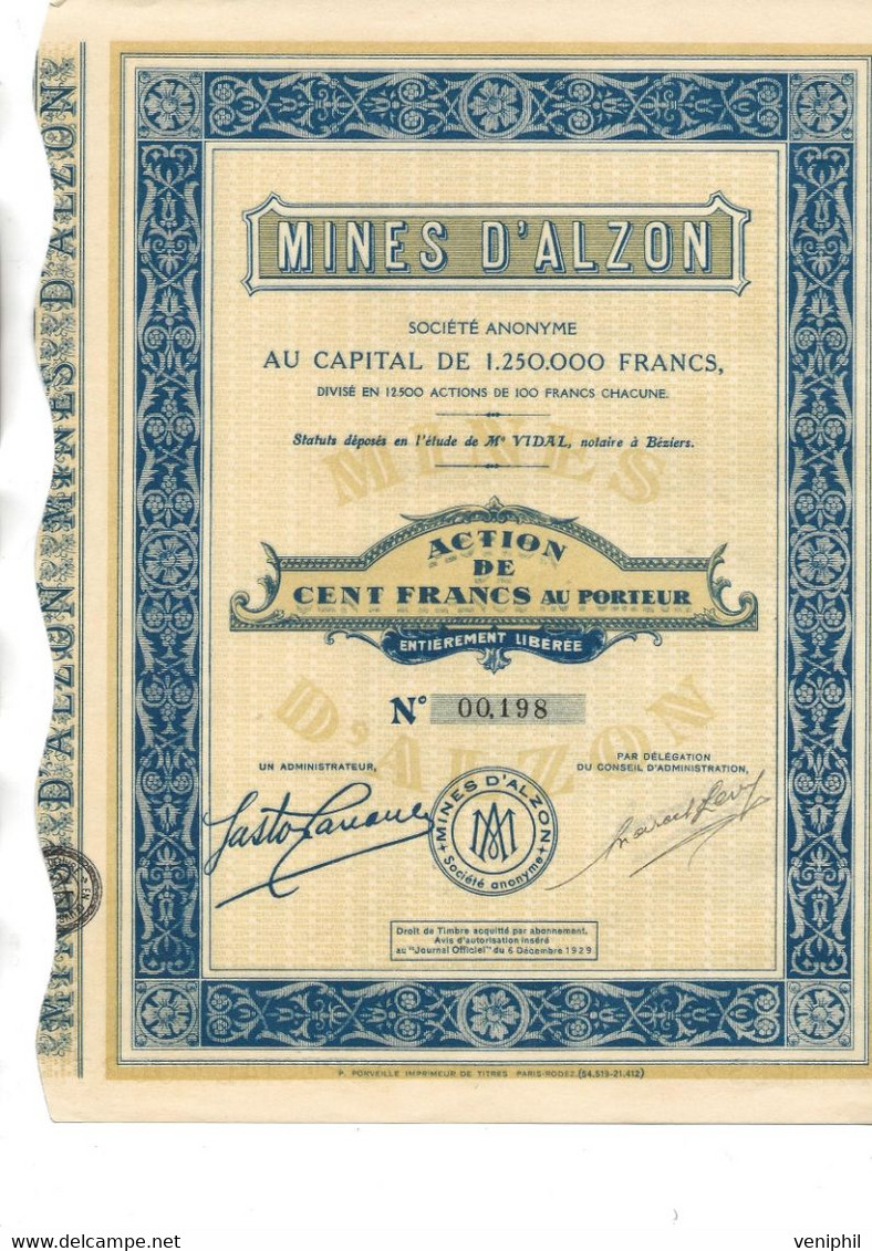 MINES D'ALZON  -BEZIERS   LOT DE 2- ACTION DE 100 FRS - ANNEE 1929 - Miniere