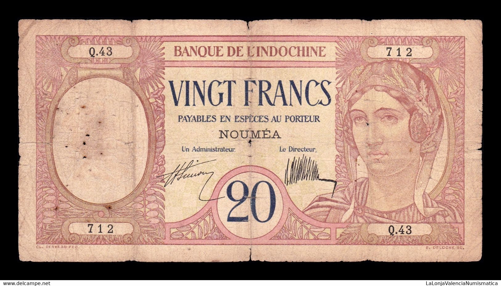 Nueva Caledonia New Caledonie 20 Francs ND (1929) Pick 37a Bc F - Nouméa (Neukaledonien 1873-1985)