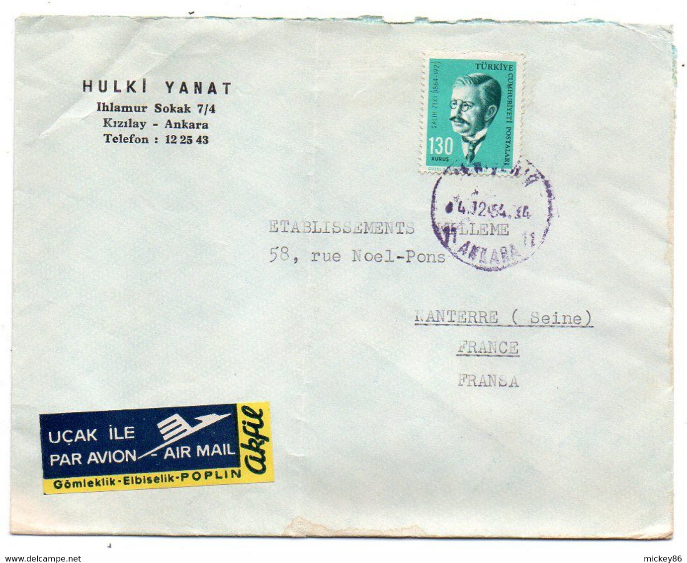 TURQUIE-- 1964--Lettre De ANKARA  Pour NANTERRE-92 (France) .....timbre Seul  Sur Lettre ....cachet - Briefe U. Dokumente