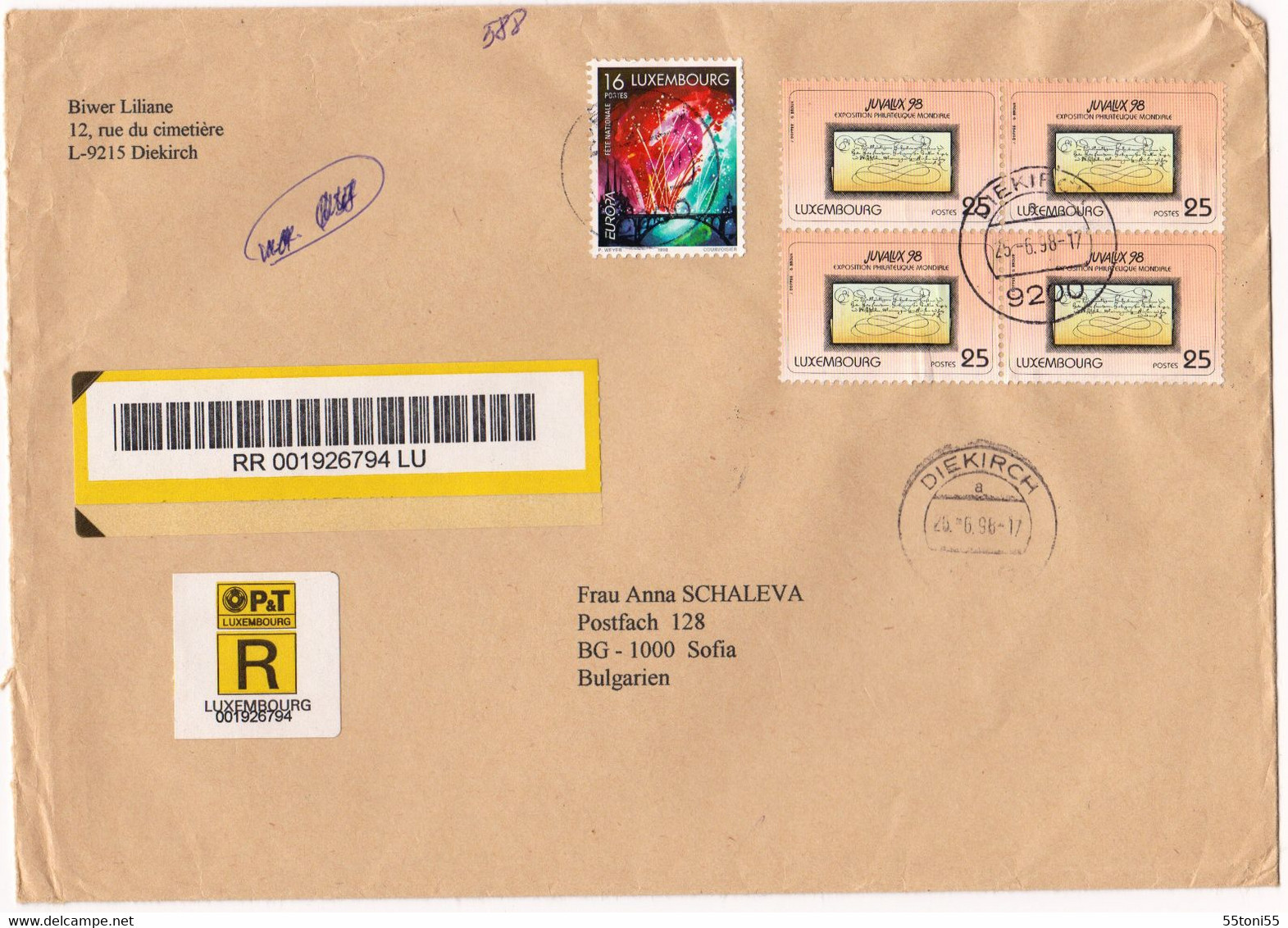 1998 R-envelope / Cover - Large Format) LUXEMBOURG / BULGARIA - Briefe U. Dokumente