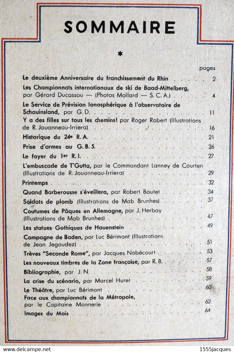 REVUE D’INFORMATION DES TROUPES FRANÇAISES D’OCCUPATION EN ALLEMAGNE N° 19 04-1947 BAAD-MITTELBERG 24e RA T’GUTTA 1er RI - Francese