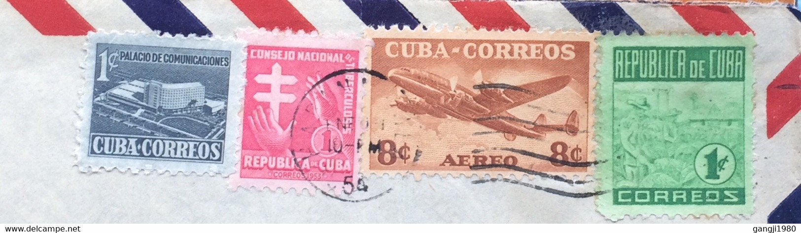 CUBA 1954, COVER USED TO USA , BUILDING ILLUSTRATE , POST, AIR PLANE,GATHER TOBACO, 4 STAMPS, HAVANA CITY CANCEL - Brieven En Documenten