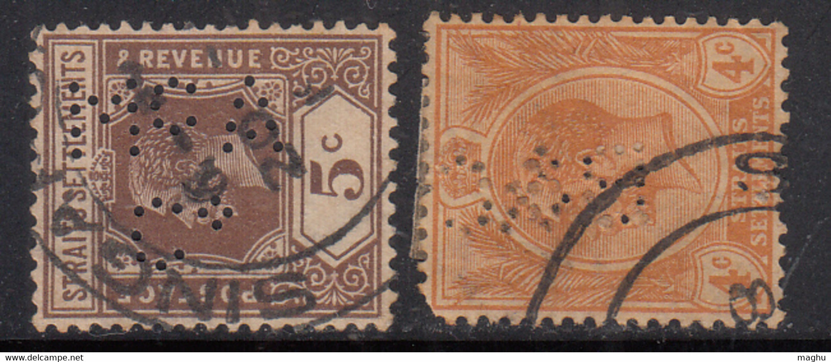 2 Dif., Perfin, Perfins, Straits Settlements, Malaya Used - Perforés