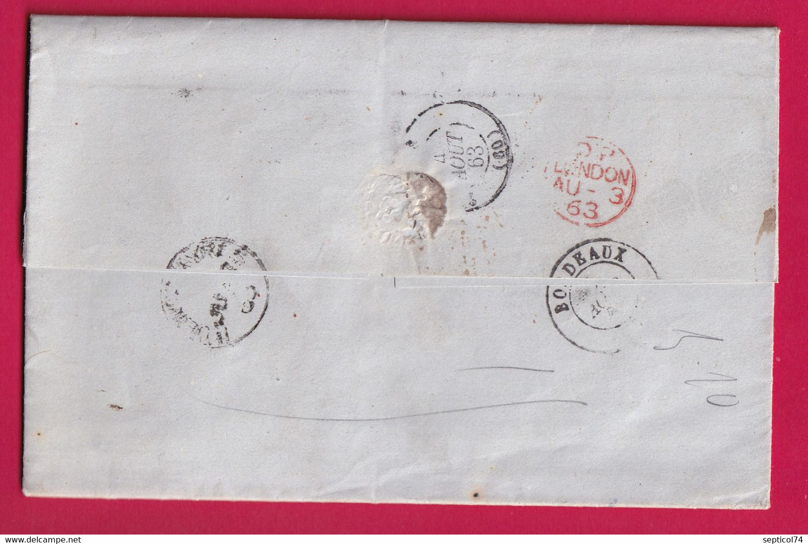 BUENOS AIRES ARGENTINE 1863 TAXE ANGLAISE 1F60 POUR BORDEAUX LETTRE COVER - Préphilatélie