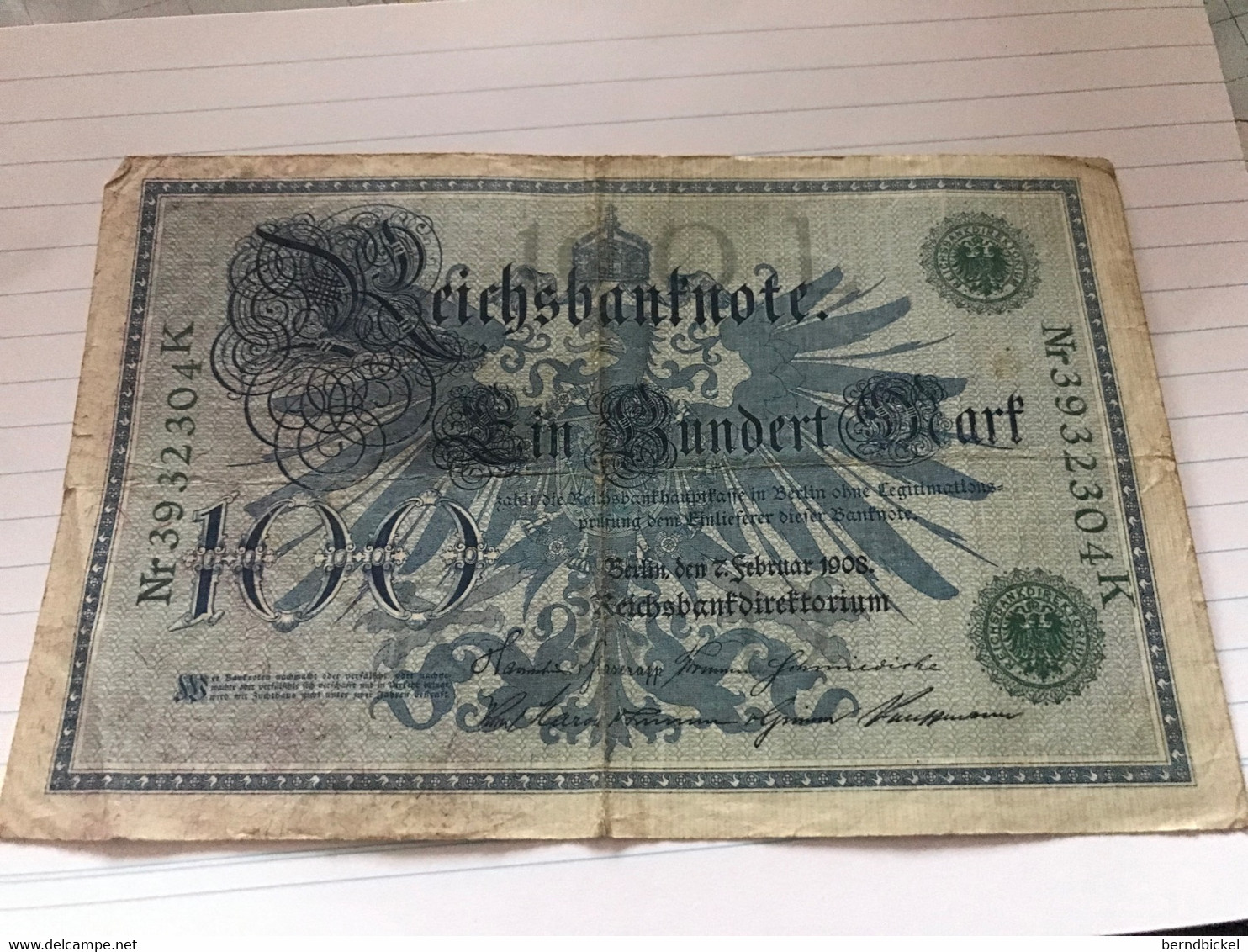 Papiergeld Deutschland Reichsbanknote 100 Mark 1908 Grünes Siegel - 100 Mark