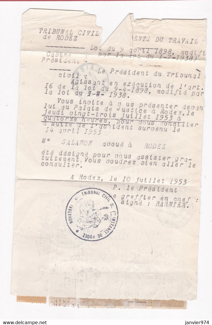 Lettre Recommandée 1953 Convocation Au Tribunal De Rodez - Laissac - Briefe U. Dokumente