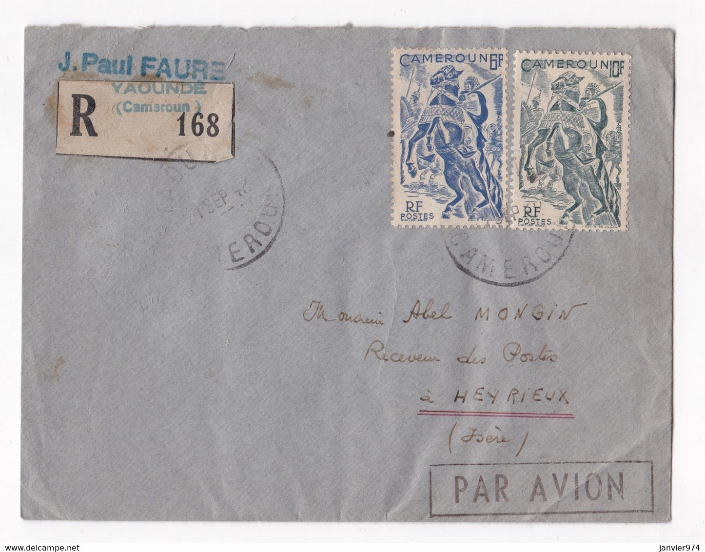 Enveloppe Recommandée 1948 Cameroun Yaoundé Pour Mr Mongin à Heyrieux Isère - Brieven En Documenten