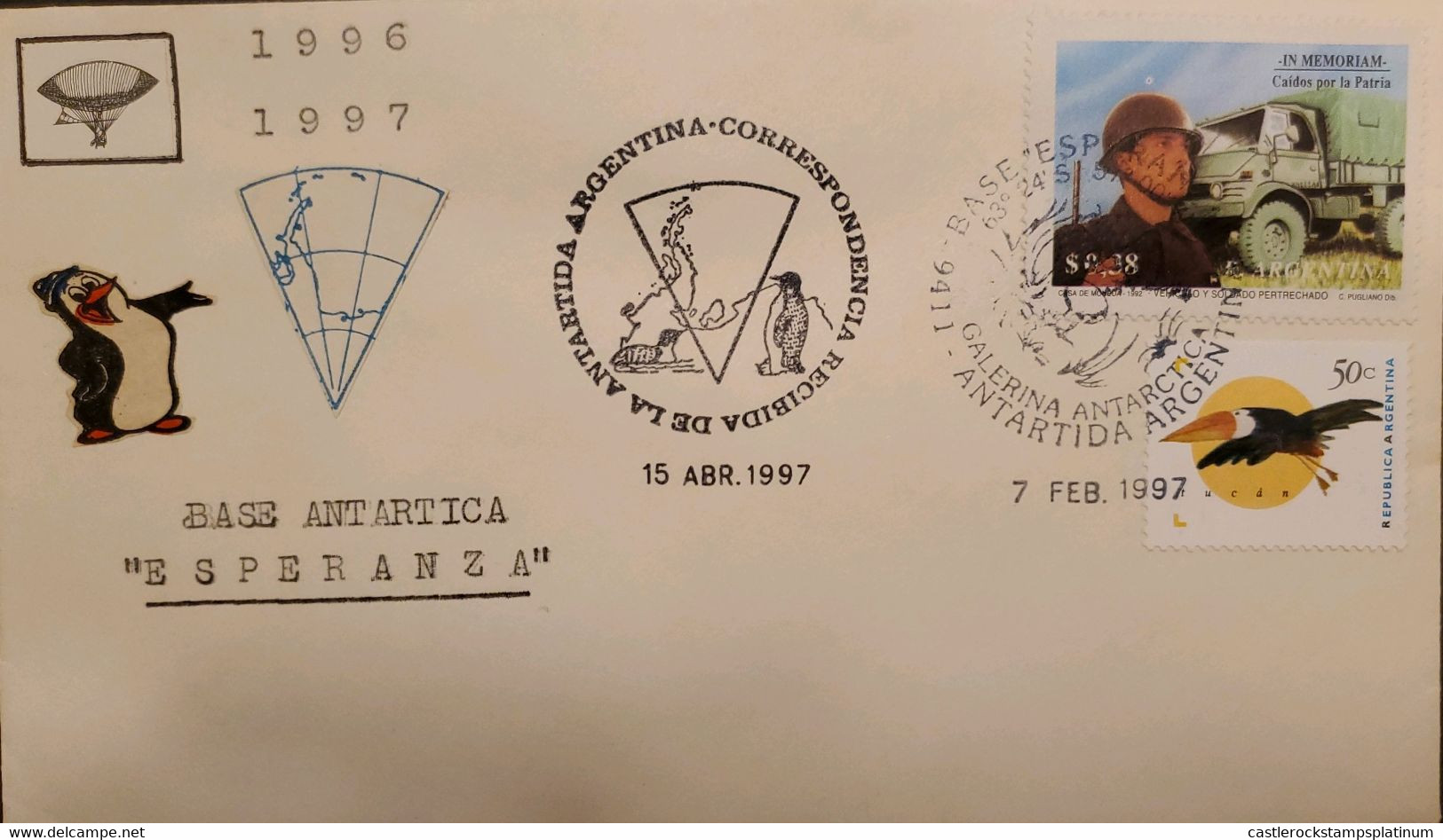 A) 1997, ARGENTINA, ANTARCTICA, ESPERANZA AIR BASE, FALLEN OF THE HOMELAND, SOLDIER, TUCAN, XF - Covers & Documents