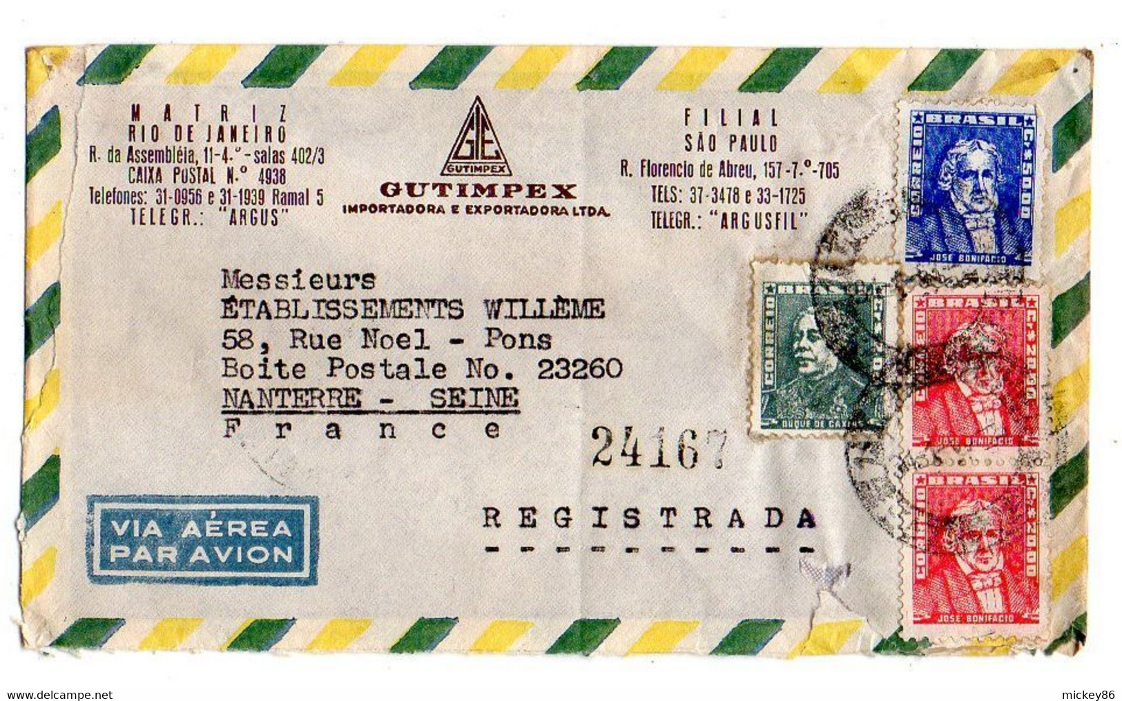 BRESIL --1963--lettre Recommandée  SAO PAULO  Pour NANTERRE-92 (France )  , Timbres  Sur Lettre...cachet - Brieven En Documenten