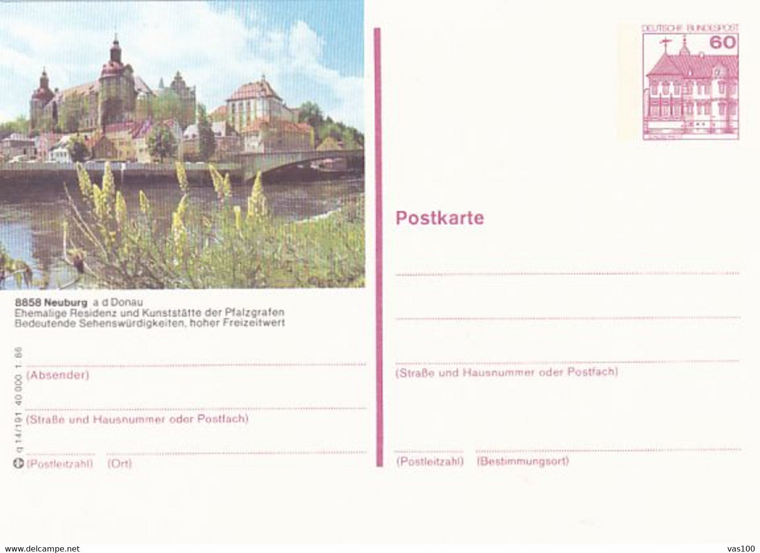 NEUBURG A D DONAU TOWN, CASTLE, PC STATIONERY, ENTIER POSTAL, 1986, GERMANY - Postkarten - Ungebraucht