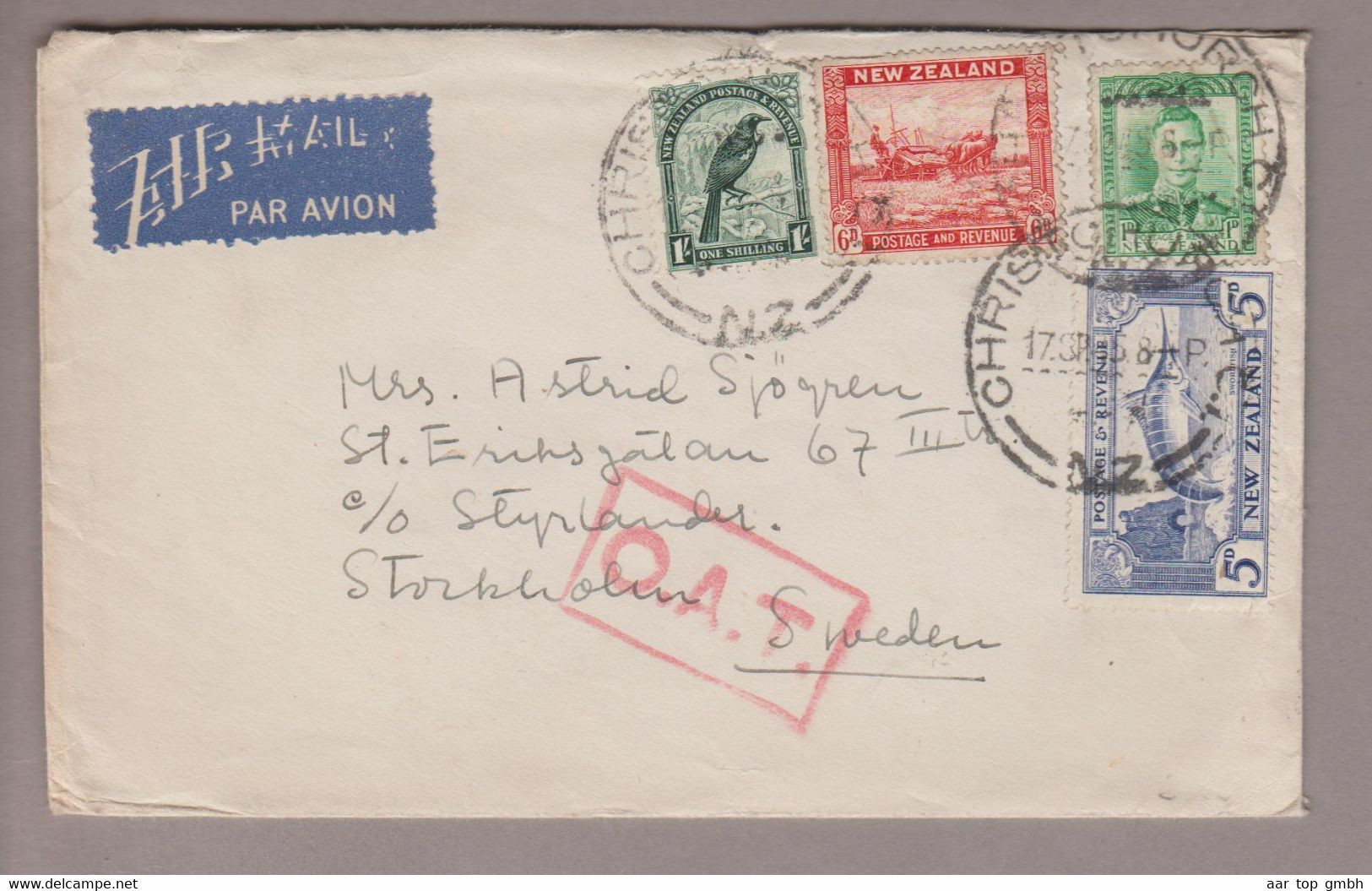 Neuseeland New Zealand 1945-09-17 Christchurch Luftpostbrief Nach Stockholm - Brieven En Documenten