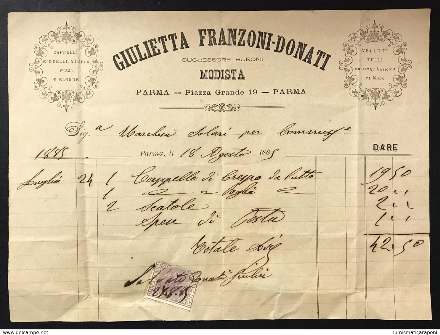 Parma 1885 Giulietta Franzoni-donati Modista Ricevuta Da 42,50 Lire Con  Marca Da Bollo 5 Centesimi  Bu.639 - Andere & Zonder Classificatie