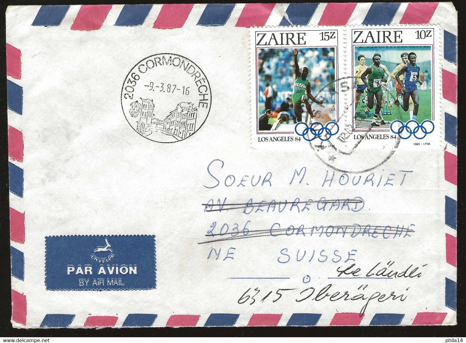 ENVELOPPE ZAIRE CORMONDRECHE 1987 / ZAIRE / JO LOS ANGELES 1984 / POUR LA SUISSE - Lettres & Documents