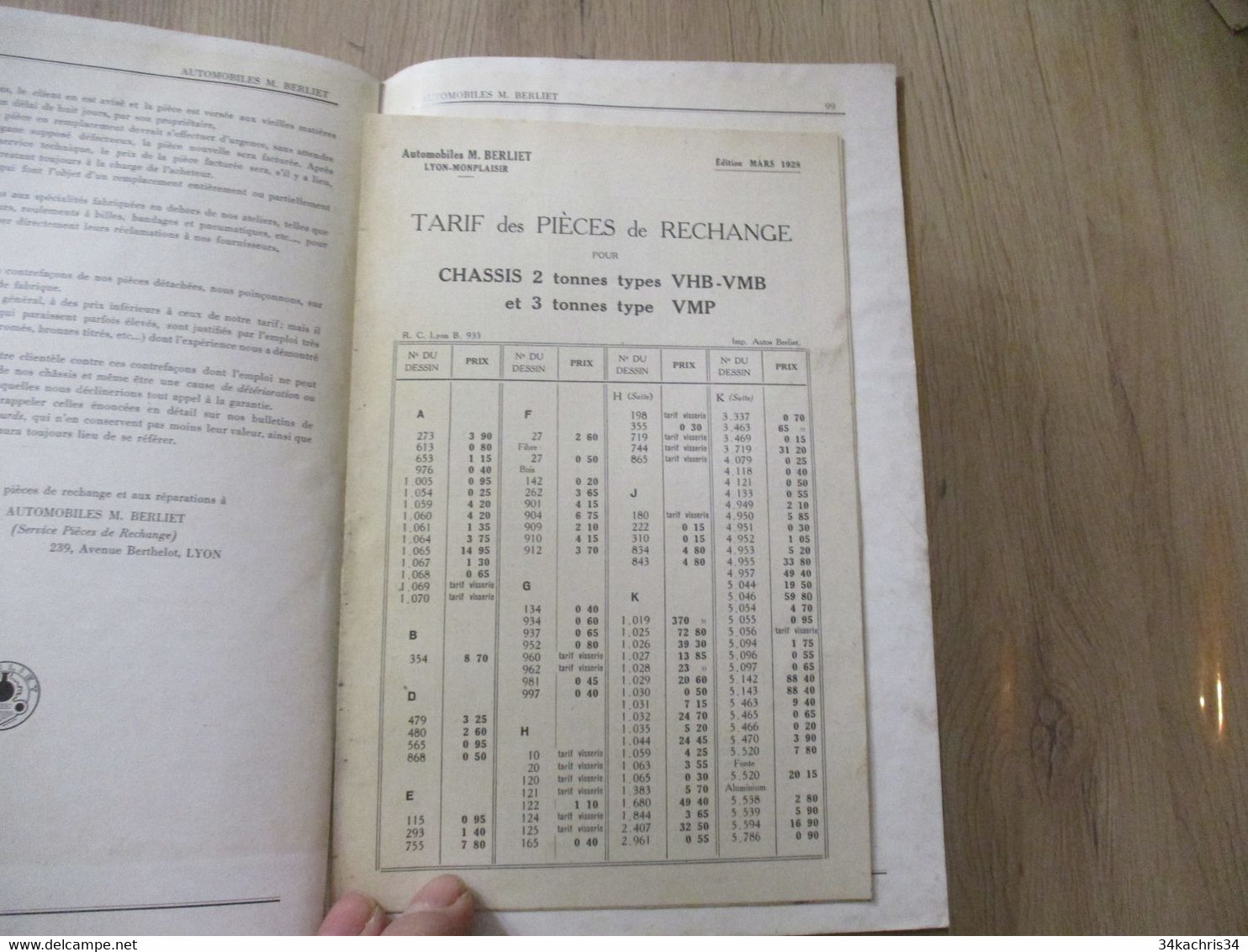 Catalogue pub publicité illustré Berliet pièces de rechange Camionnettes type VHB VMB VMP état d'usage 99p + tarif 1928