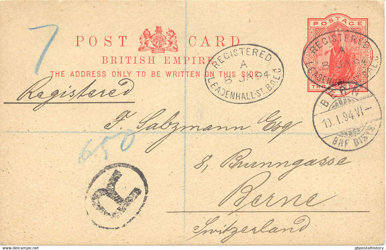 GB 1894 QV 3d British Empire Postcard Superb Commercially Used As Extremely Rare Registered Postcard To Switzerland - Storia Postale