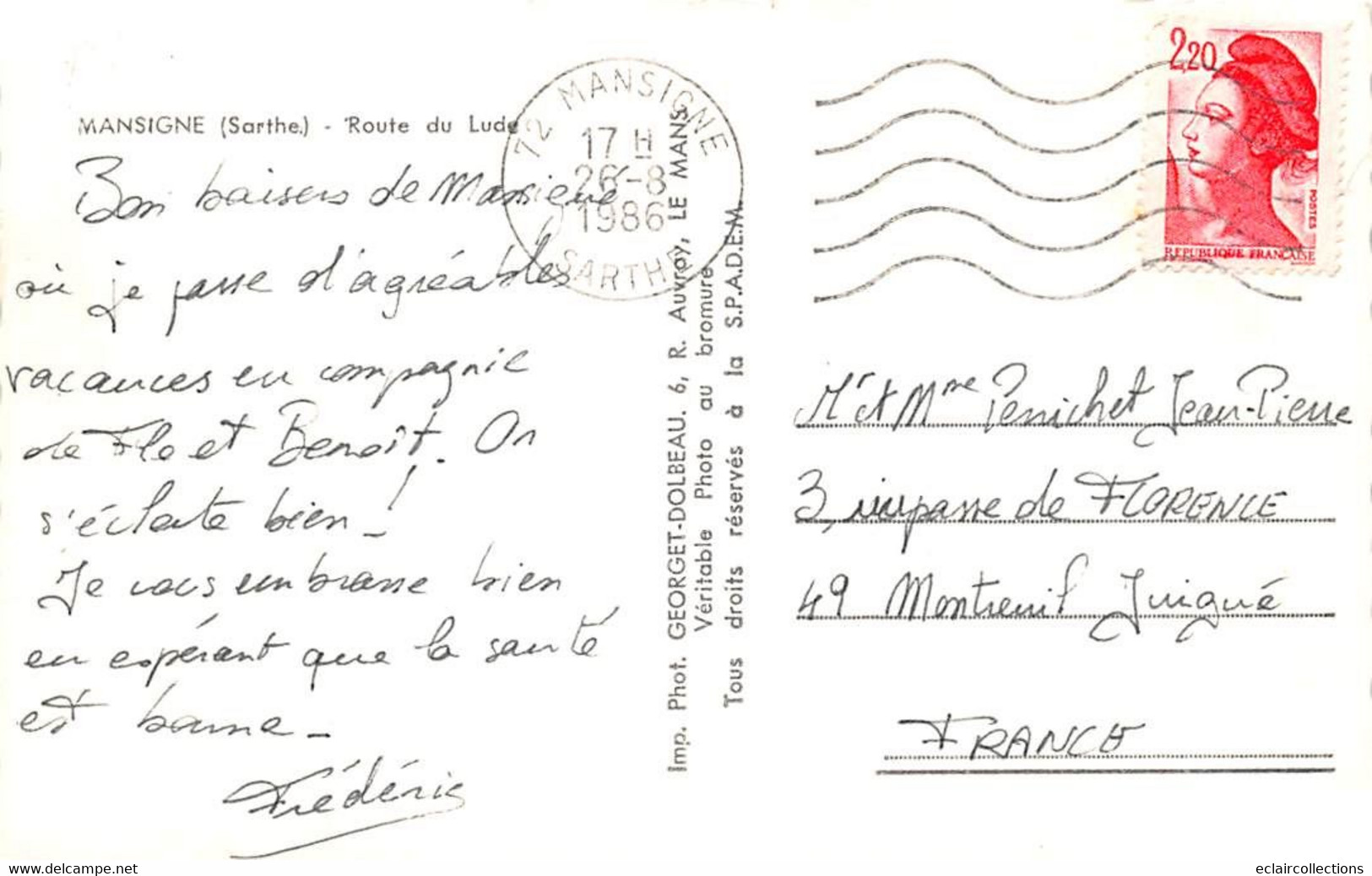 Mansigné     72        Route Du Lude     Année  1986            (voir Scan) - Autres & Non Classés