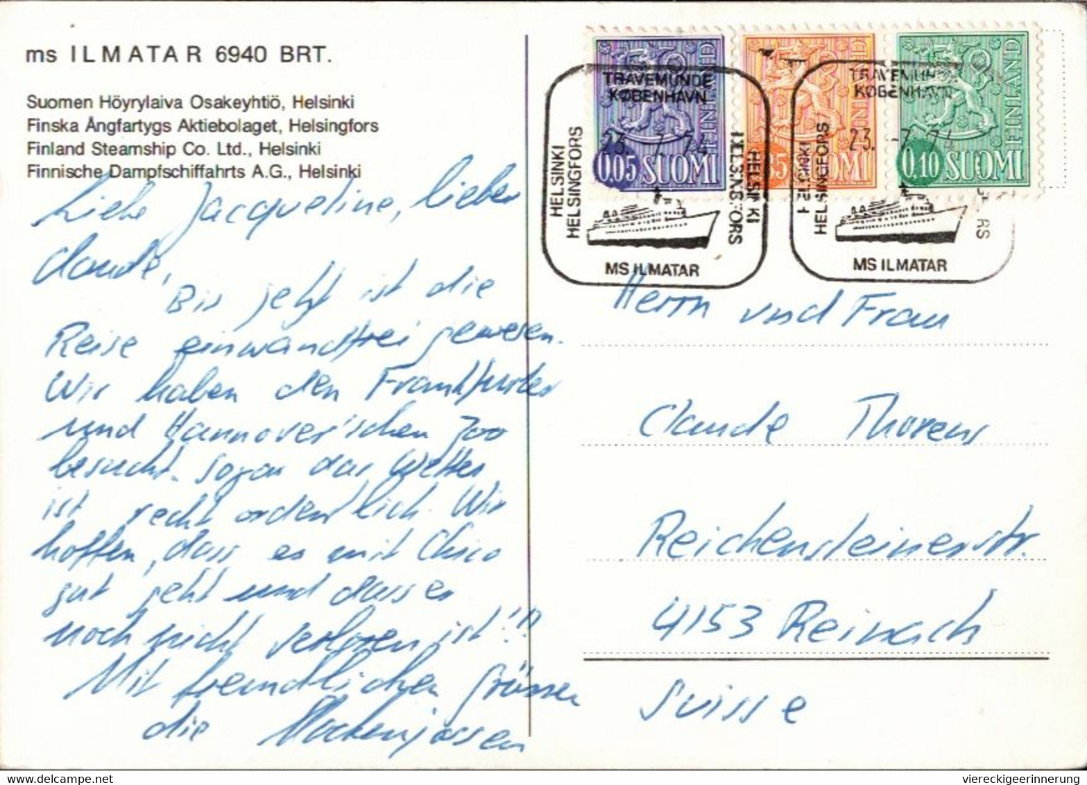 ! 1974 Ansichtskarte MS Ilmatar, Finland, Schiffspoststempel Helsinki Travemünde - Traghetti