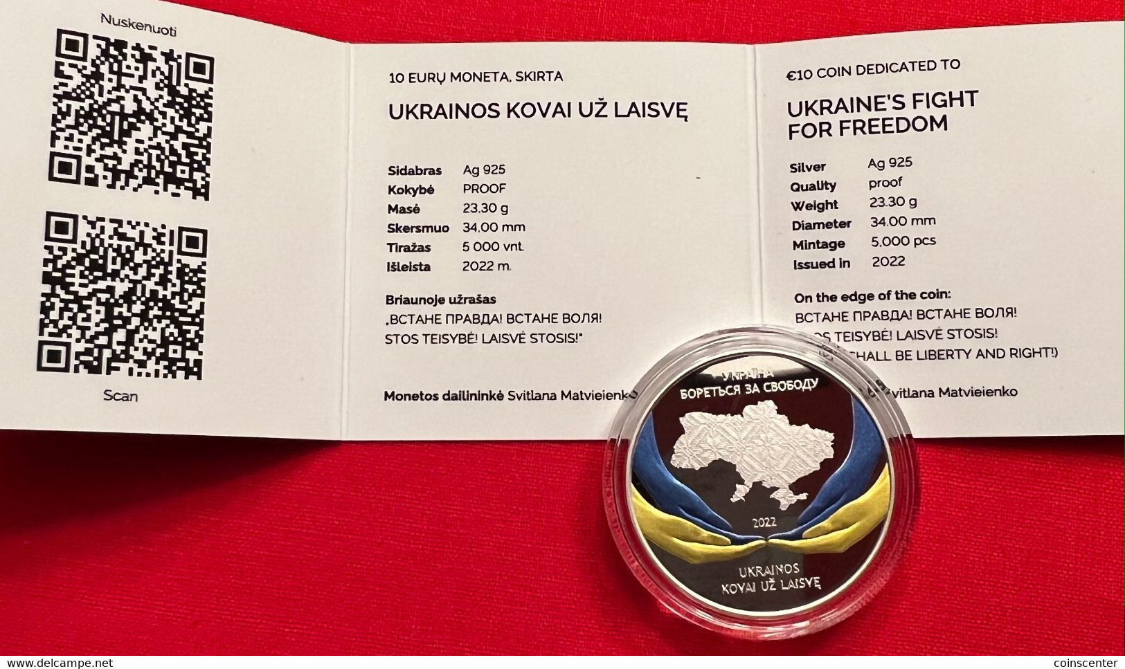 Lithuania 10 Euro 2022 "Ukraine's Fight For Freedom" Silver Ag PROOF - Lithuania