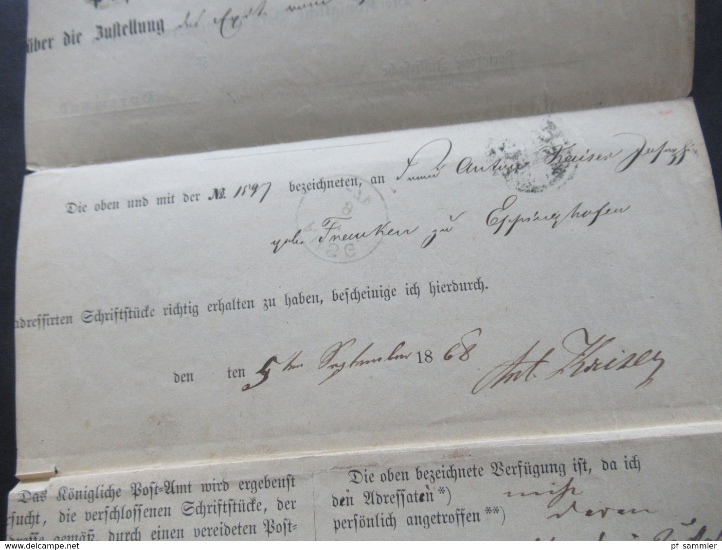 AD Preussen 1868 Post Insinuations Dokument Stempel K2 Mühlheim AD Ruhr Portofreie Justizsache Beglaubigt nach Dortmund