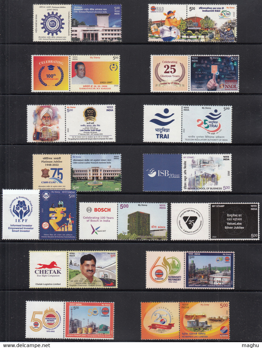 India My Stamp Year Pack 2022 MNH, 27 Issues (26 Se-tenent + 1 Full Combination Sheet)  (3 Scans) - Komplette Jahrgänge