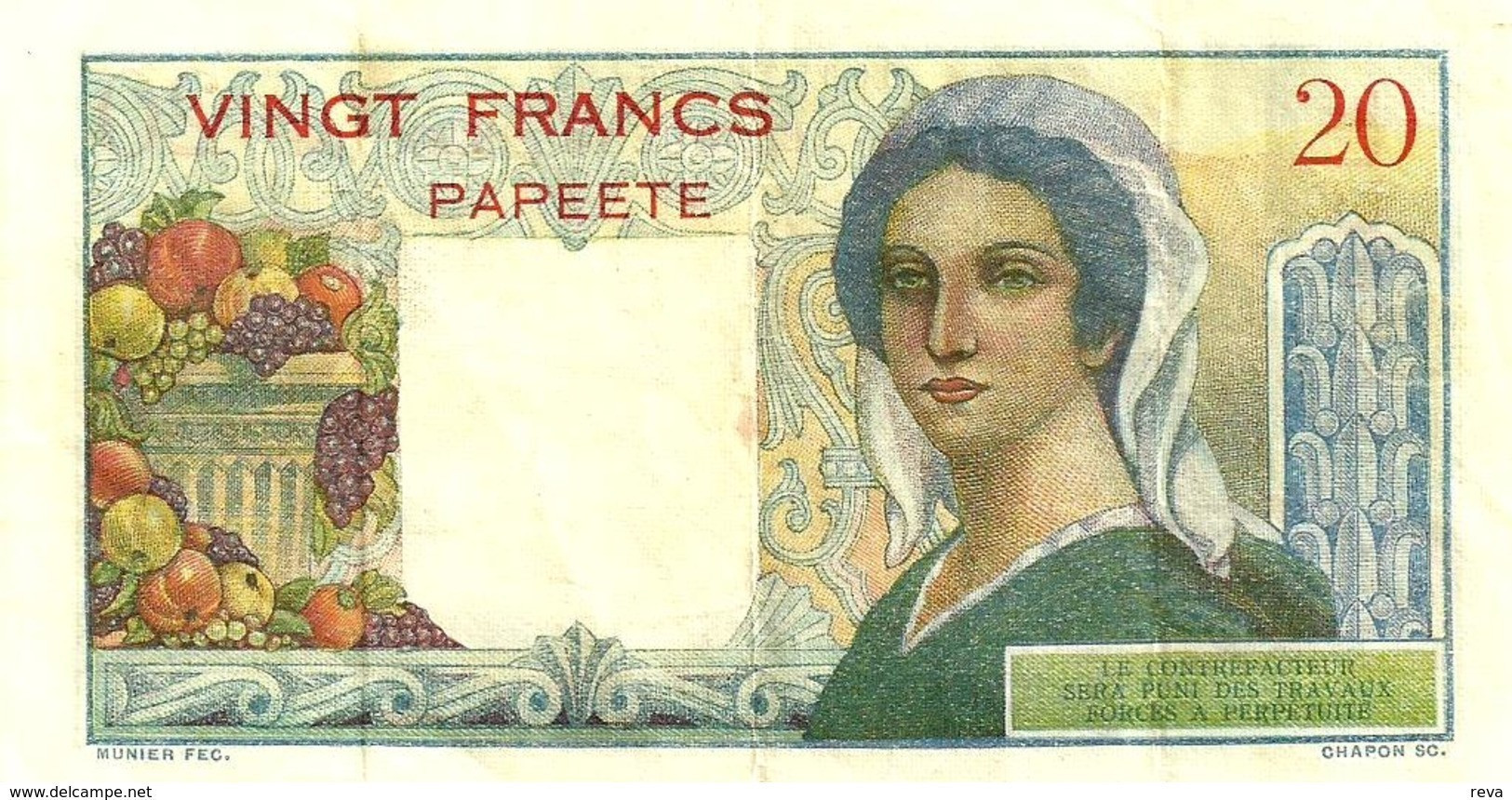 FRENCH POLYNESIA 20 FRANCS GREY MAN HEAD FRONT WOMAN BACK NOT DATED(1963) P21c 3RD SIG VARIETY F+ READ DESCRIPTION!! - Papeete (Frans-Polynesië 1914-1985)