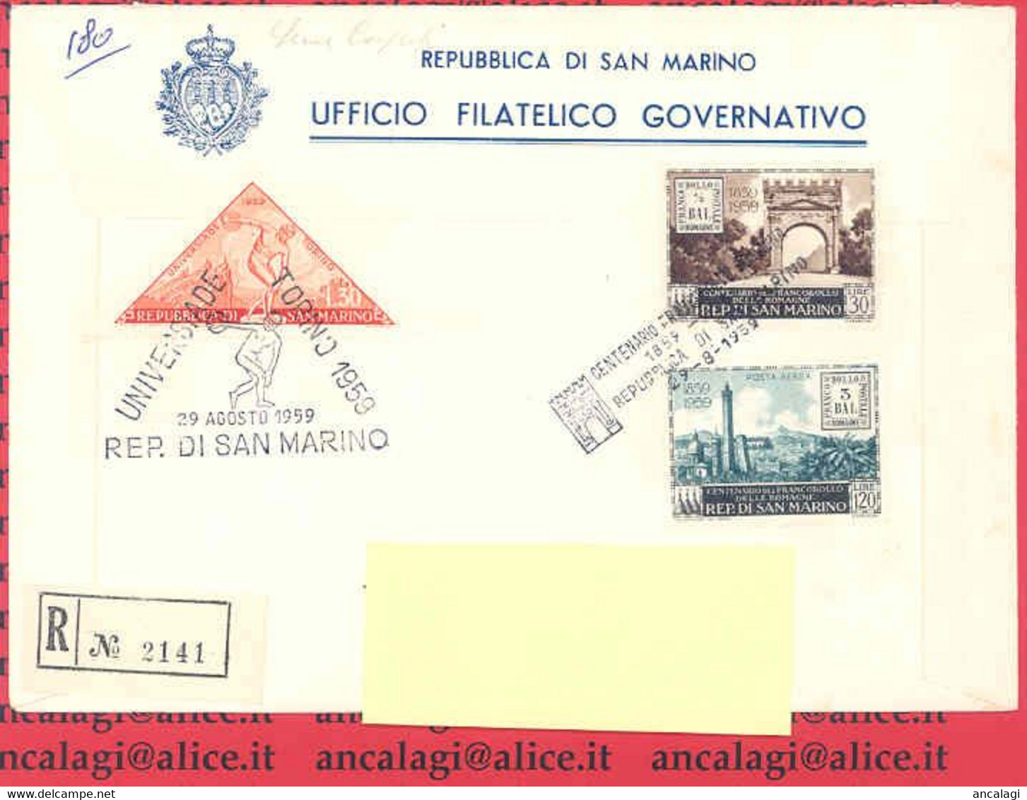 SAN MARINO 1959 - St.Post.025 - Busta FDC Raccomandata "100° FRANCOBOLLO ROMAGNE" - Vedi Descrizione - - Lettres & Documents