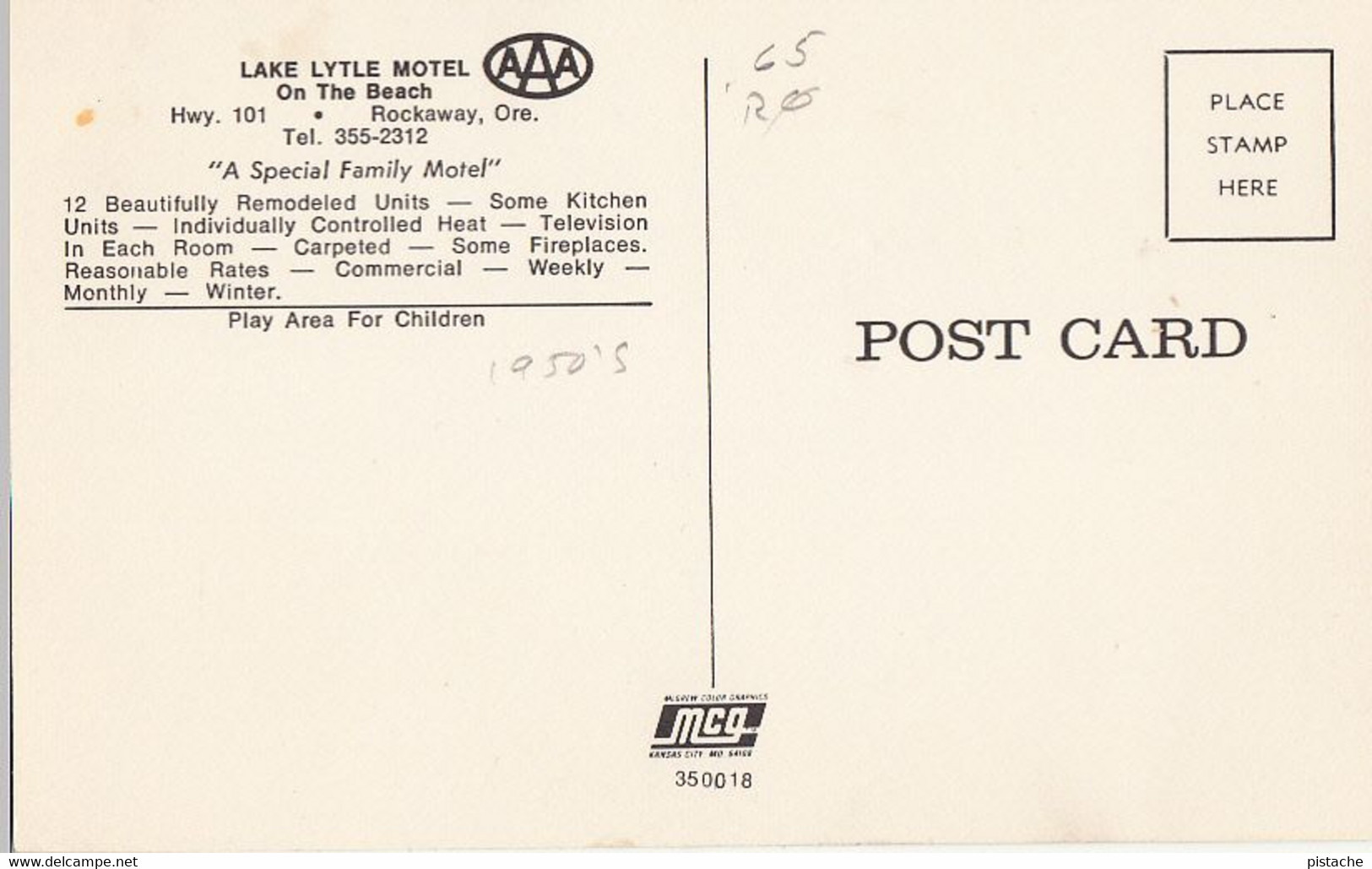 3552 – Rockaway Oregon USA – Lake Lytle Motel On The Beach – Cars - Vintage – VG Condition – 2 Scans - Autres & Non Classés