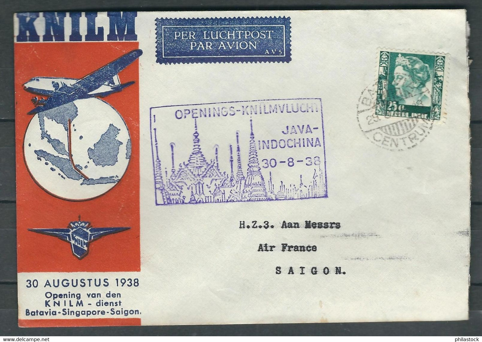 INDE NEERLANDAISE 1938 N° 190 Obl. S/lettre Avion Ouverture De La Ligne Java-Indochine Pour Saigon - Lettres & Documents