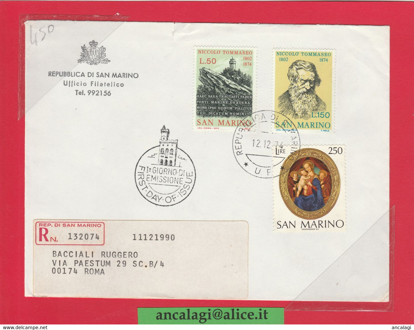 SAN MARINO 1974 - St.Post.051 - Busta FDC Raccomandata, 2v. Serie "NICCOLO' TOMMASEO" - Vedi Descrizione - - Lettres & Documents